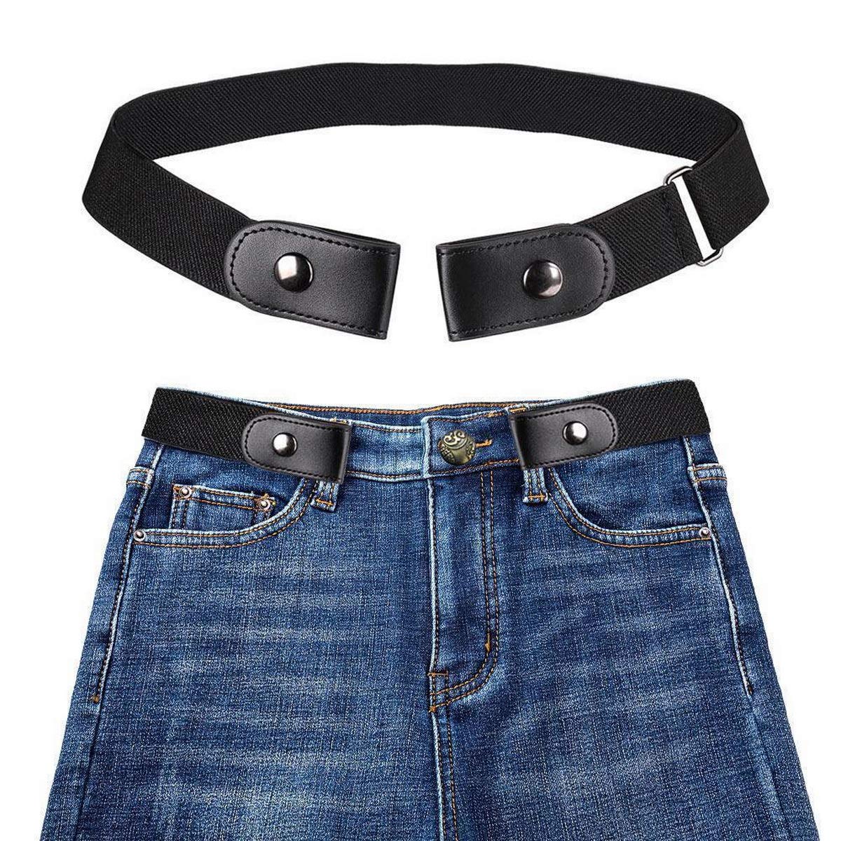 Wonolo Women's Black Buckle-Free Elastic Invisible Belt For Jeans No Bulge No Hassle Genuine Leather With A Buckle Gift