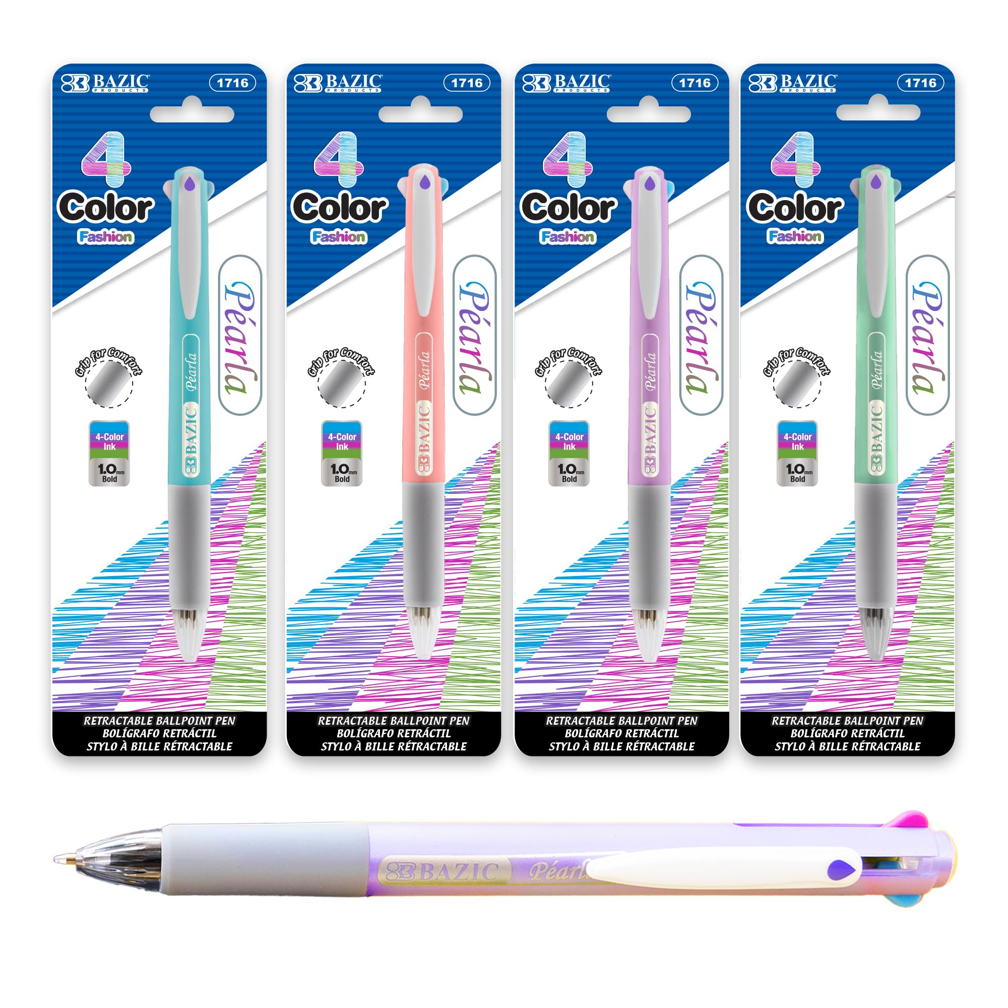 BAZIC Products 4-Color Fashion Ballpoint Pen, Bold Medium Point 1.0mm Retractable Multicolor Pen w/Cushion Grip, 4 Colors in 1 for Office School, 4-