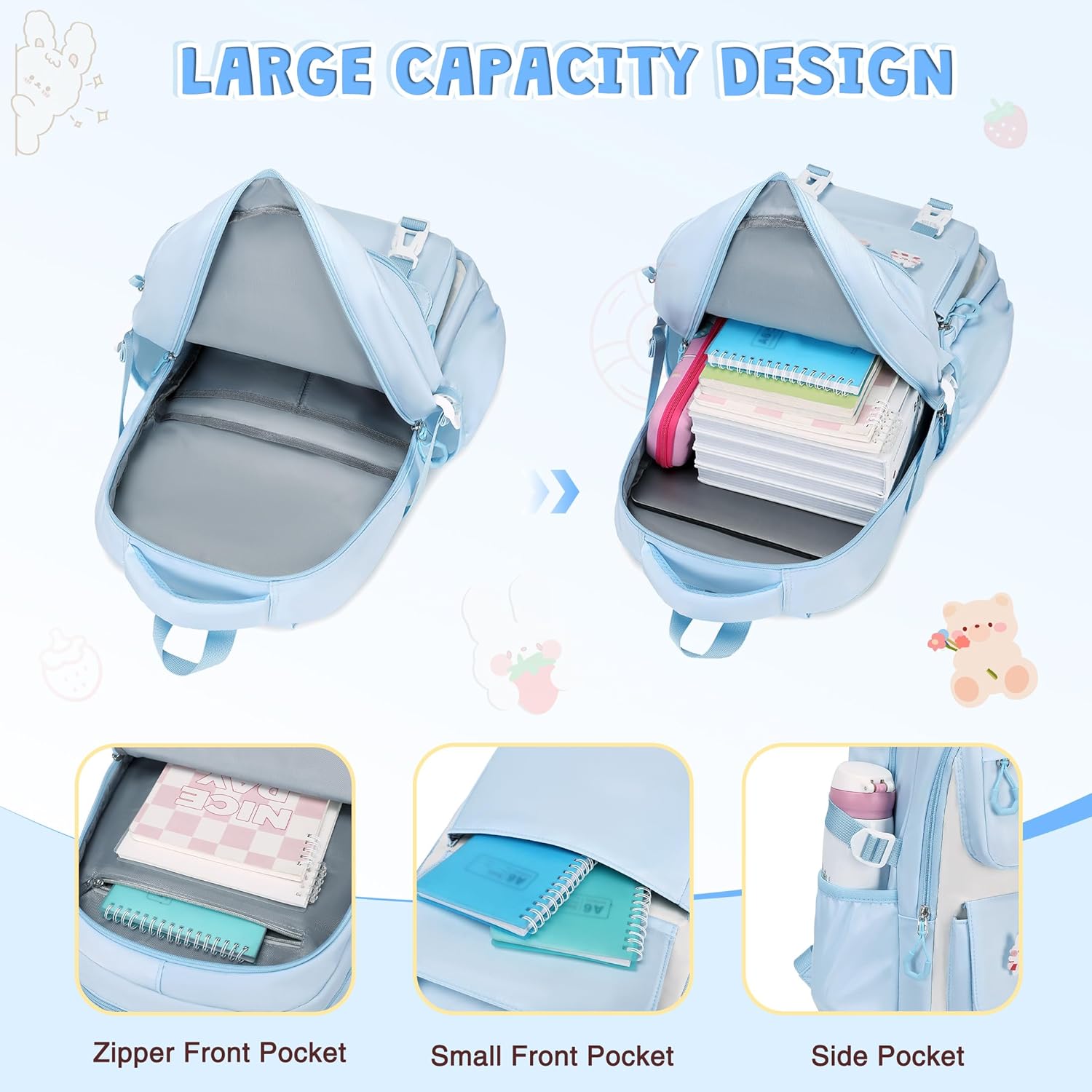 7PCS School Backpack for Girls Set with 14oz Kids Insulated Water Bottle, Kids Girls Backpack for with Lunch Bag Pencil Case for Girl Kindergarten Elementary Middle School Blue