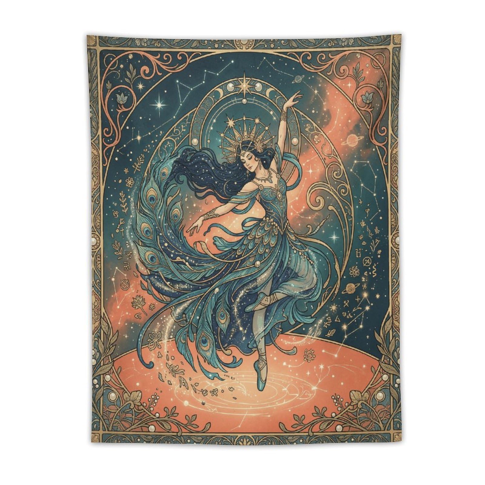 H3B8U2Y5 Peacock Dancer Vintage Wall Tapestry, Ornate Feathers