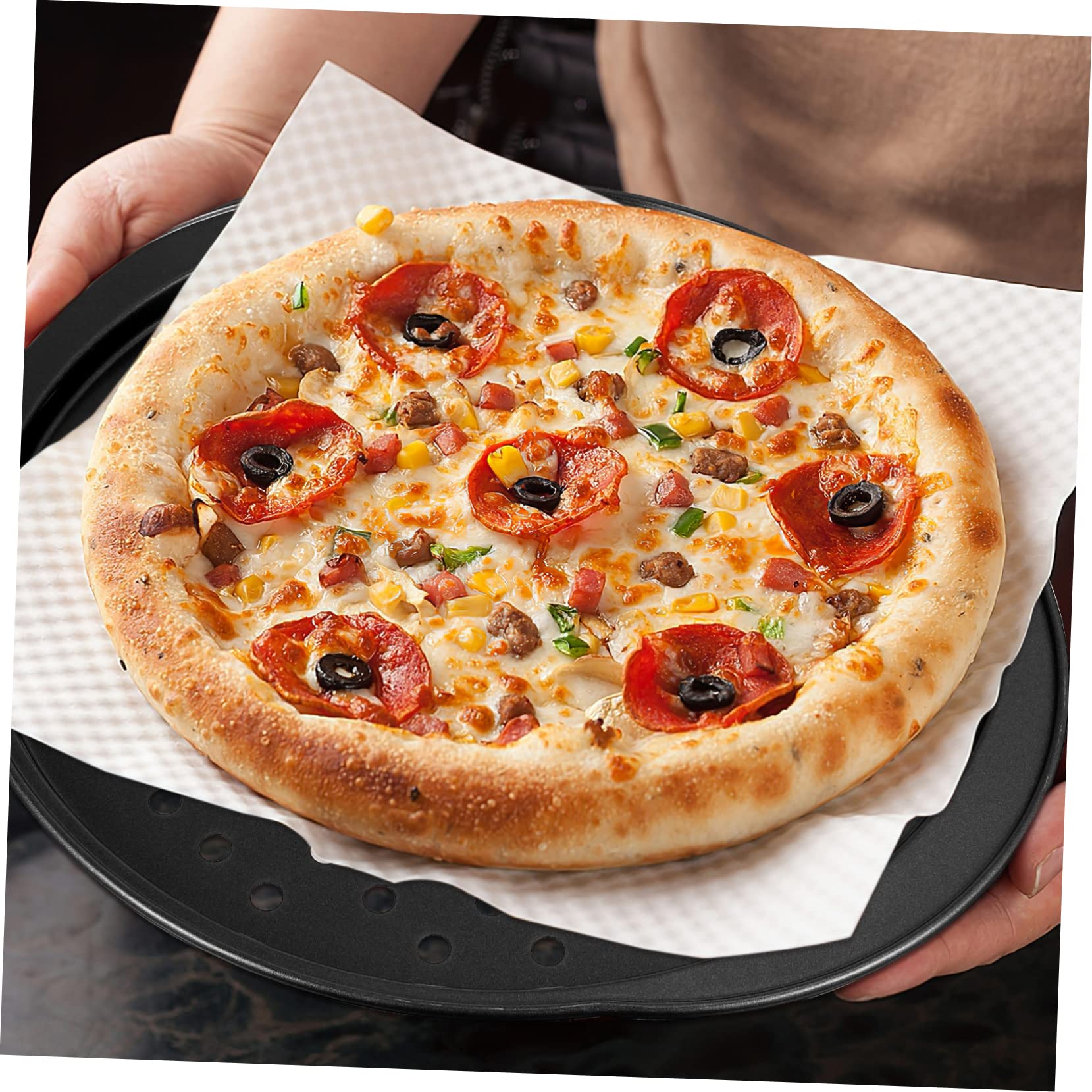 ULTECHNOVO Teglie per Pizza in Acciaio con Fori Antiaderenti 35,5X32 CM Set da 4 Pezzi per Forno Cottura Professionale