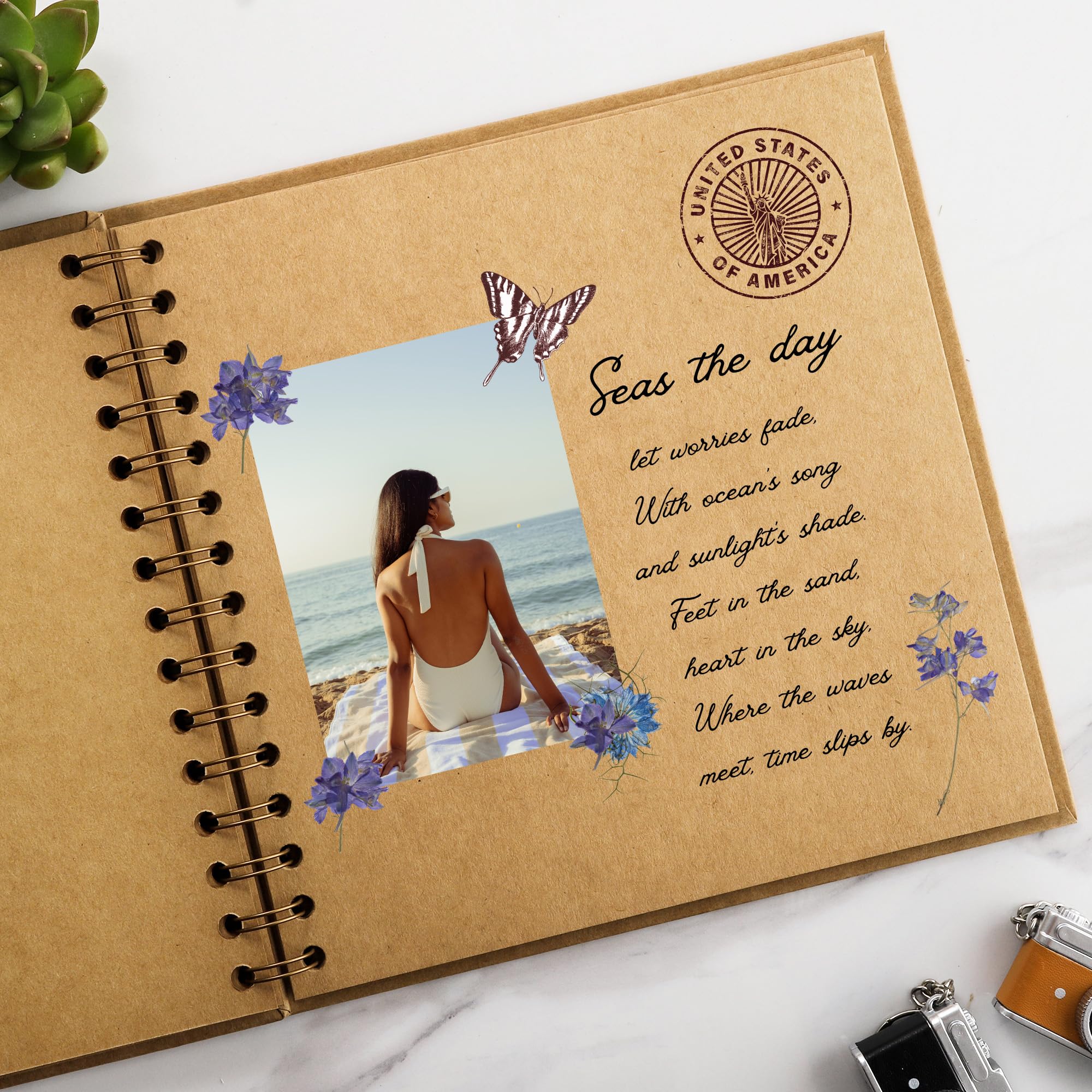 Scrapbook 25.4 cm x 25.4 cm DIY Quadratisches Fotofenster + 3 Eckaufkleber Fotoalbum Hardcover Kraftpapier Braun 40 Blatt/80 Seiten