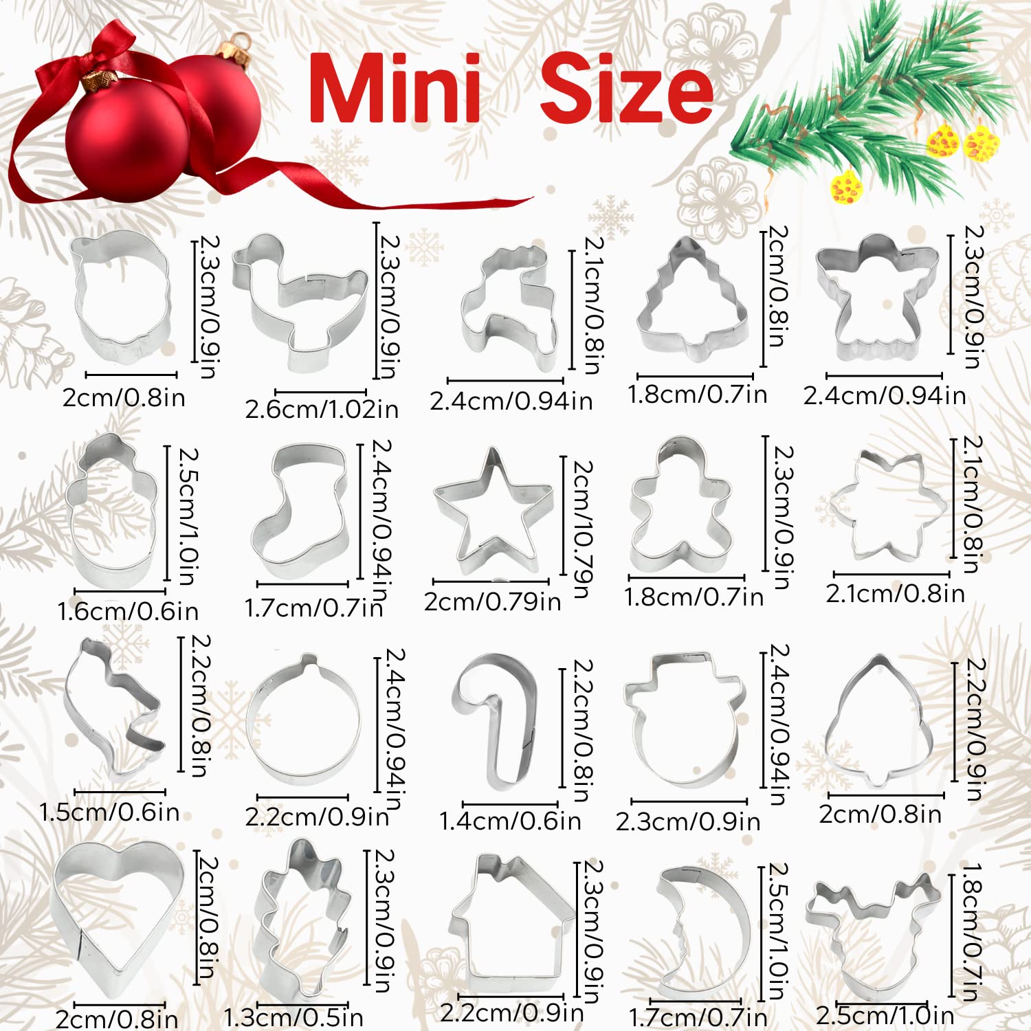 Crethinkaty Mini Christmas Cookie Cutters Set 20 Pieces Stainless Steel Cookie Cutter Set for Baking -Christmas Tree,Snowman,Reindeer,Santa Face, Star,Stocking,Candy Cane,Gingerbread Man and More