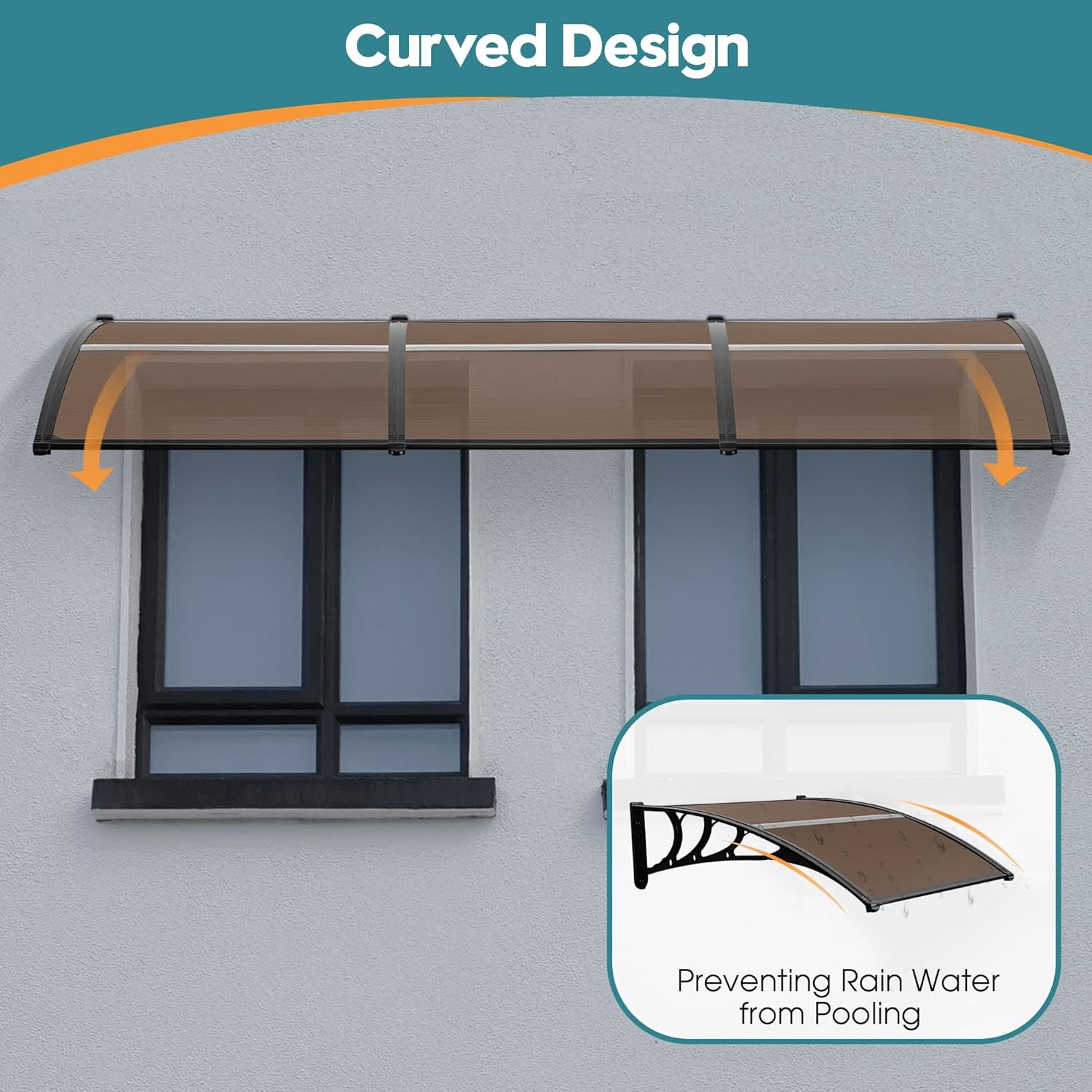 MCombo 115.9" x 37.8" Window Awning Outdoor Polycarbonate Door Shade Patio Cover Canopy, 6055-4012 (Brown Board with Black Bracket)
