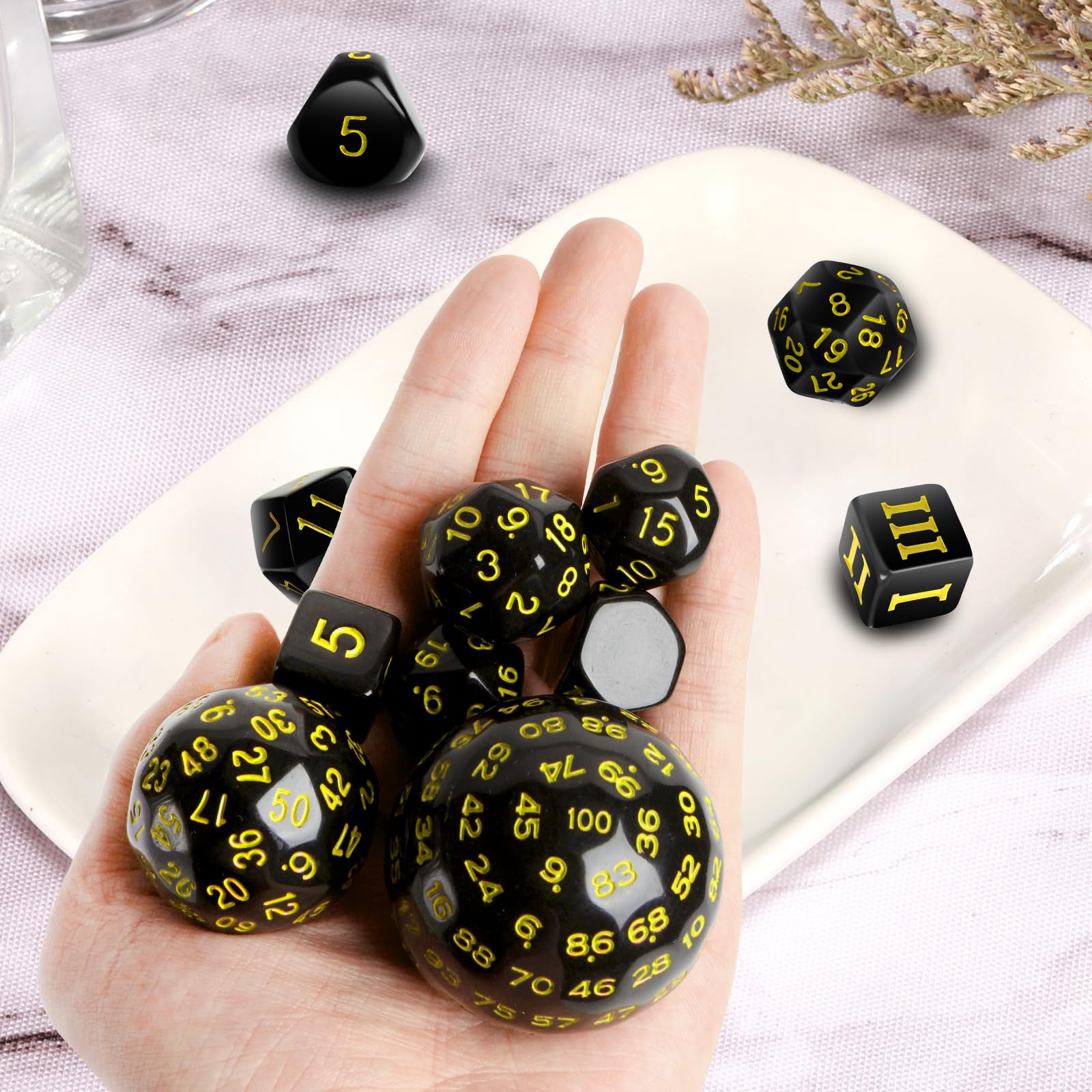 Lot de 6 dés polyédriques complets D3-D100 (15 pièces) pour jeux de table TRPG (noir)