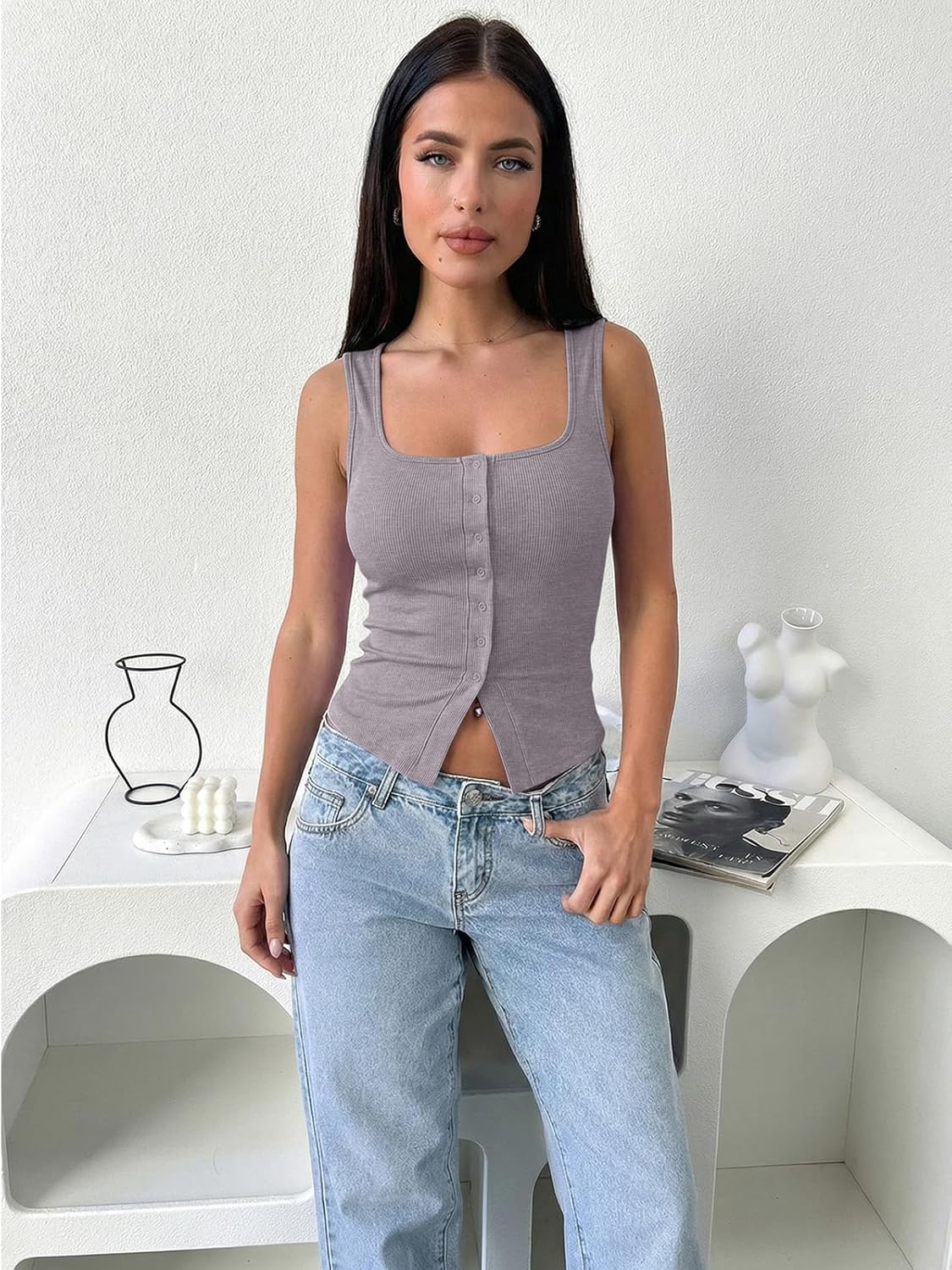 REORIA Women's Sexy Ribbed Button Down Square Neck Tank Tops Trendy Y2K 2026 Summer Sleeveless Going Out Vest Crop Tops - Image 5