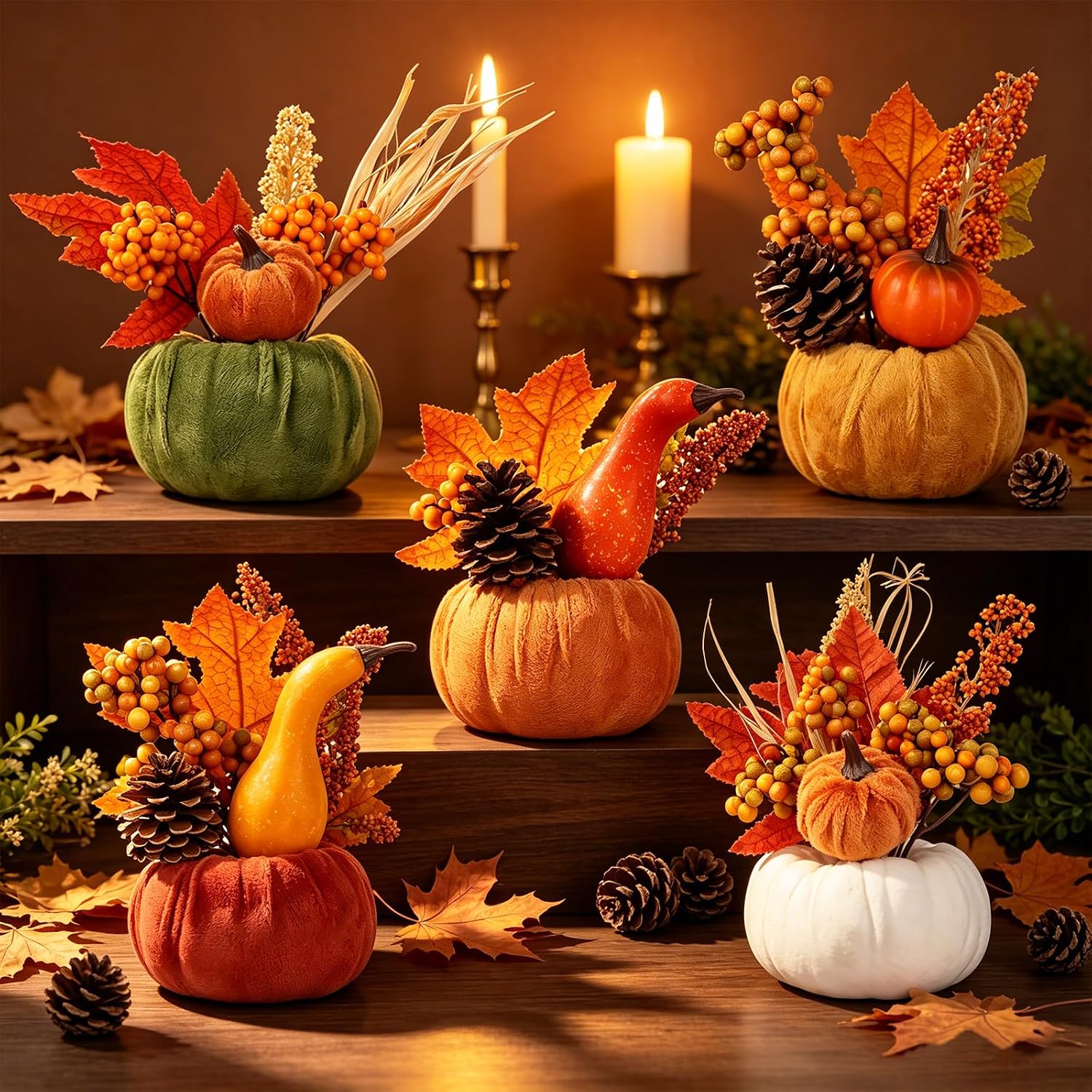 5PCS Fall Thanksgiving Pumpkins Decor for Autumn Home Indoor Decorations | Artificial Fabric Pumpkin with Maple Berry Pine Cone Vegetables Decoration for Harvest Halloween Holiday Gift