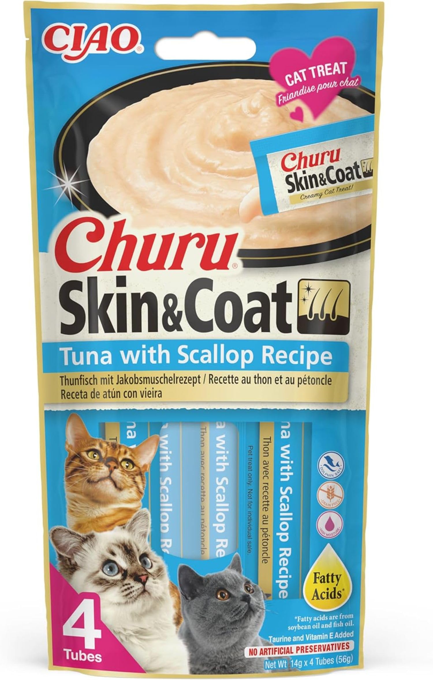 Churu Skin & Coat di INABA Cat Treat – Tonno con Capesante – 1 confezione (4 x 14 g totali) / Soft & Creamy Cat Treat, delizioso & Healthy Snack, Purée Food Topper, naturale, senza cereali