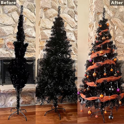 Miniatura 6 de Arthas Árbol de Navidad negro de oropel de Halloween de 6 pies para decoración del hogar, oficina, fiesta, Navidad, vacaciones, temporada,