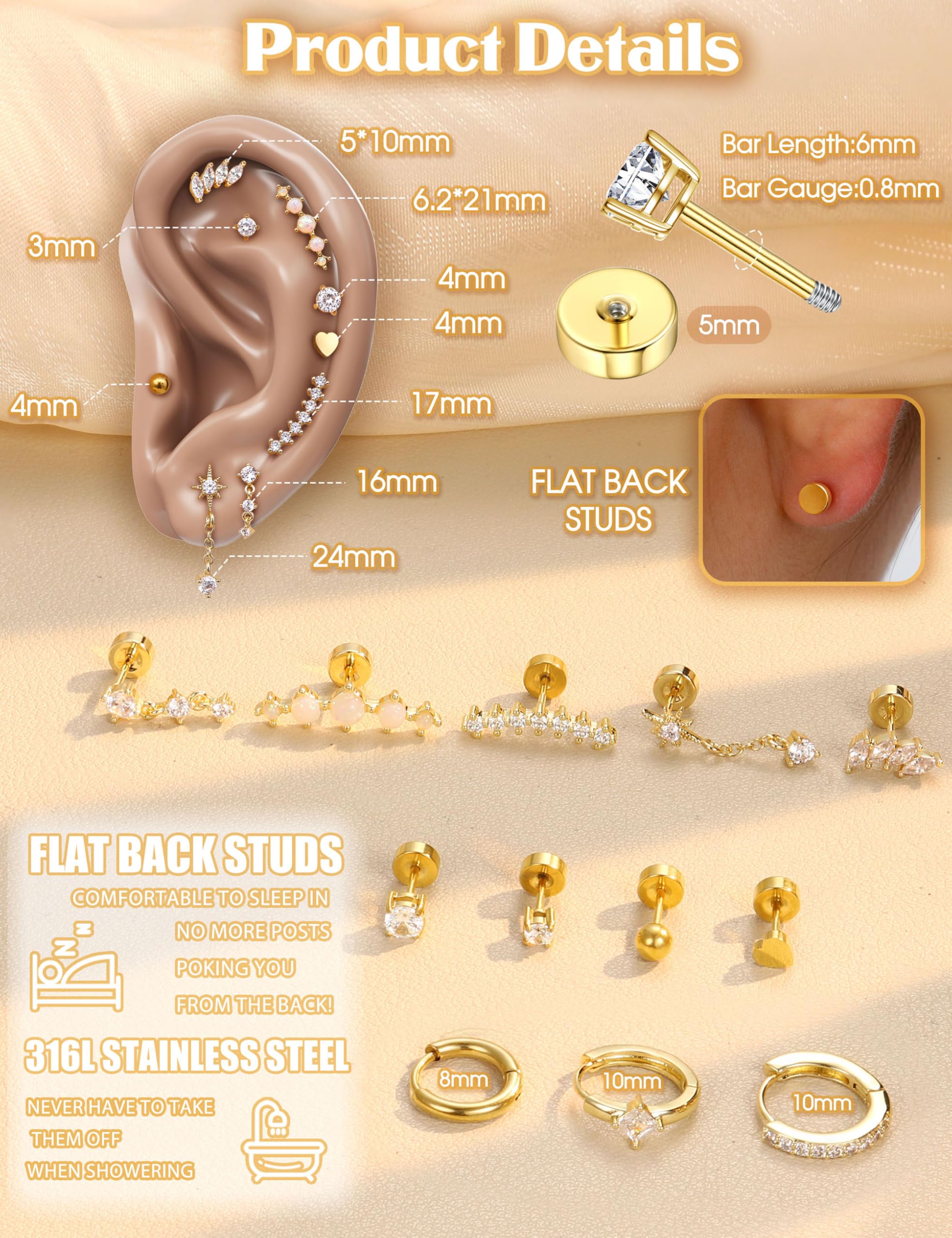 HMJGDHX 12 szt. 20G kolczyki z płaskim tyłem dla kobiet Helix Piercing biżuteria kolczyki ze stali chirurgicznej srebrne złoto małe muszla Daith przekłucie tragus biżuteria wieża Helix Hoop kolczyki