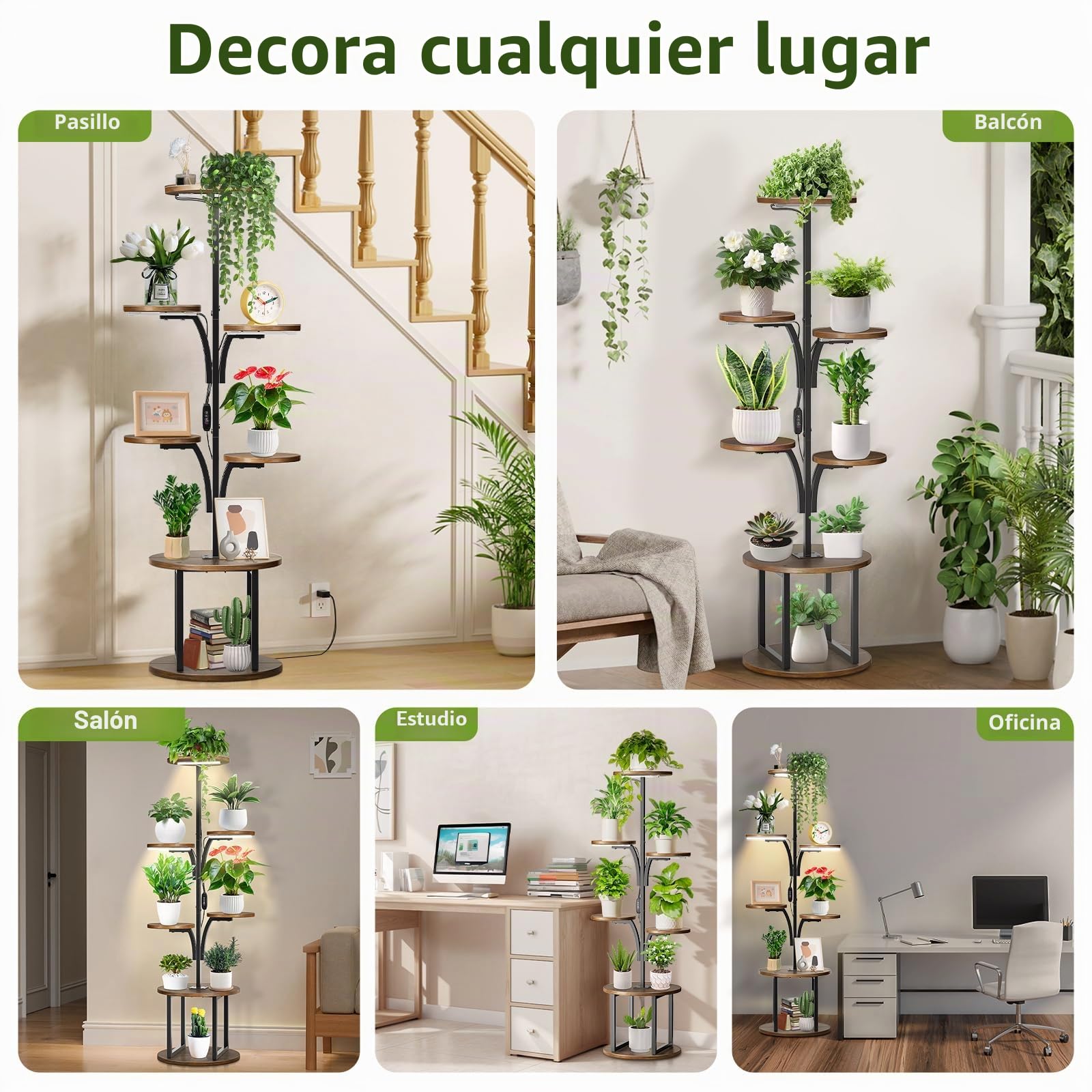 Estantería para Plantas con Luz de Crecimiento, Soporte para Plantas Interior 7 Niveles Diseño de Árbol, Estantería Plantas de Metal y Madera con Temporizador 3/9/12h y Brillo Ajustable