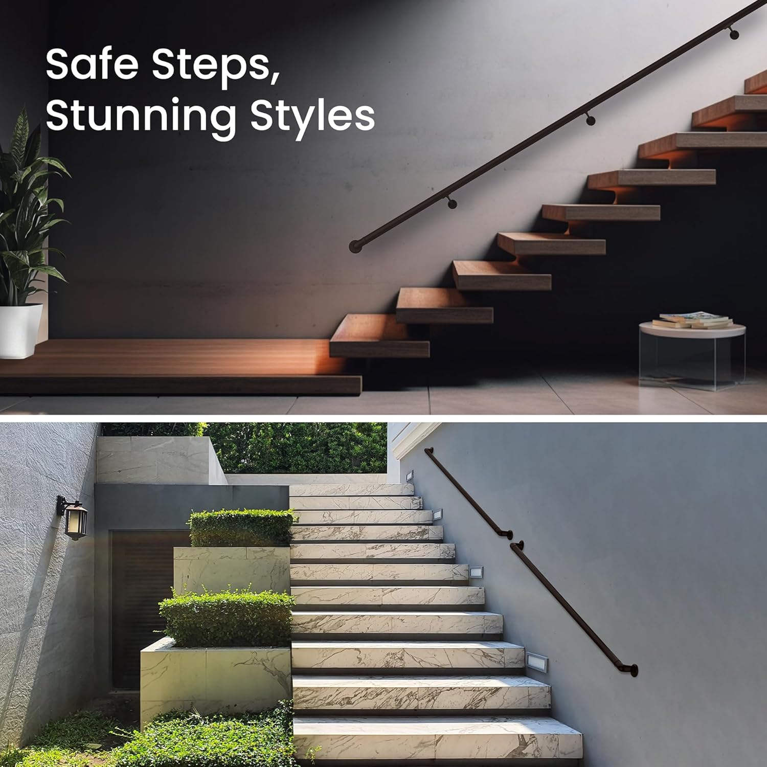 Meranti Aluminum Handrail for Stairs - ADA Compliant Wall Returns - Handrails for Indoor Stairs - Metal Handrail, Powder Coated for Outdoor Environment, DIY Handrail Kit (WHR, Bronze Textured, 3' L)