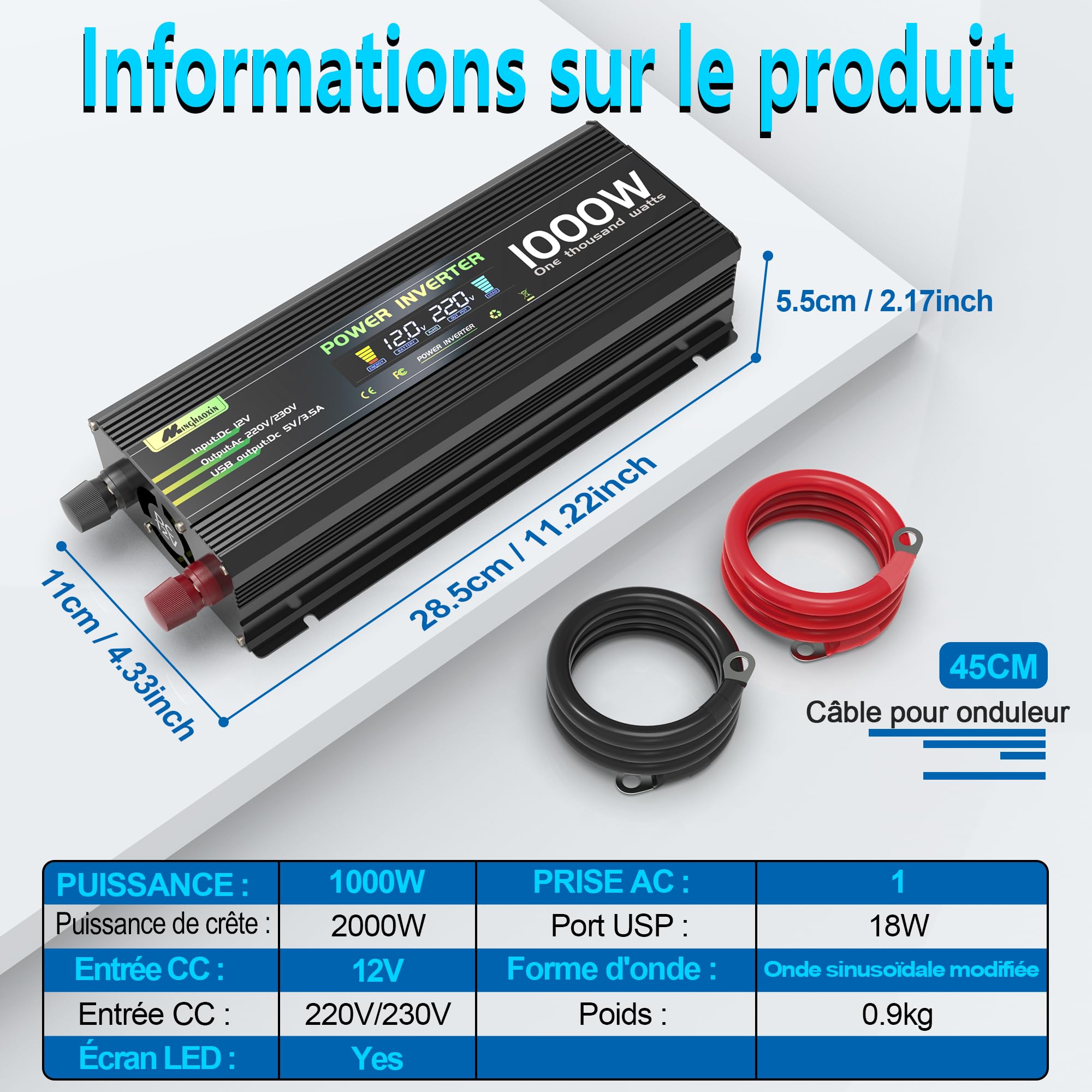 1000W/2000W Convertisseur 12V 220V/230V Transformateur, DC AC Onduleur Power Inverter Allume 2 Prise EU De Courant Alternatif LCD pour Voiture, Camping, Voyage, Panneau Solaire, VR