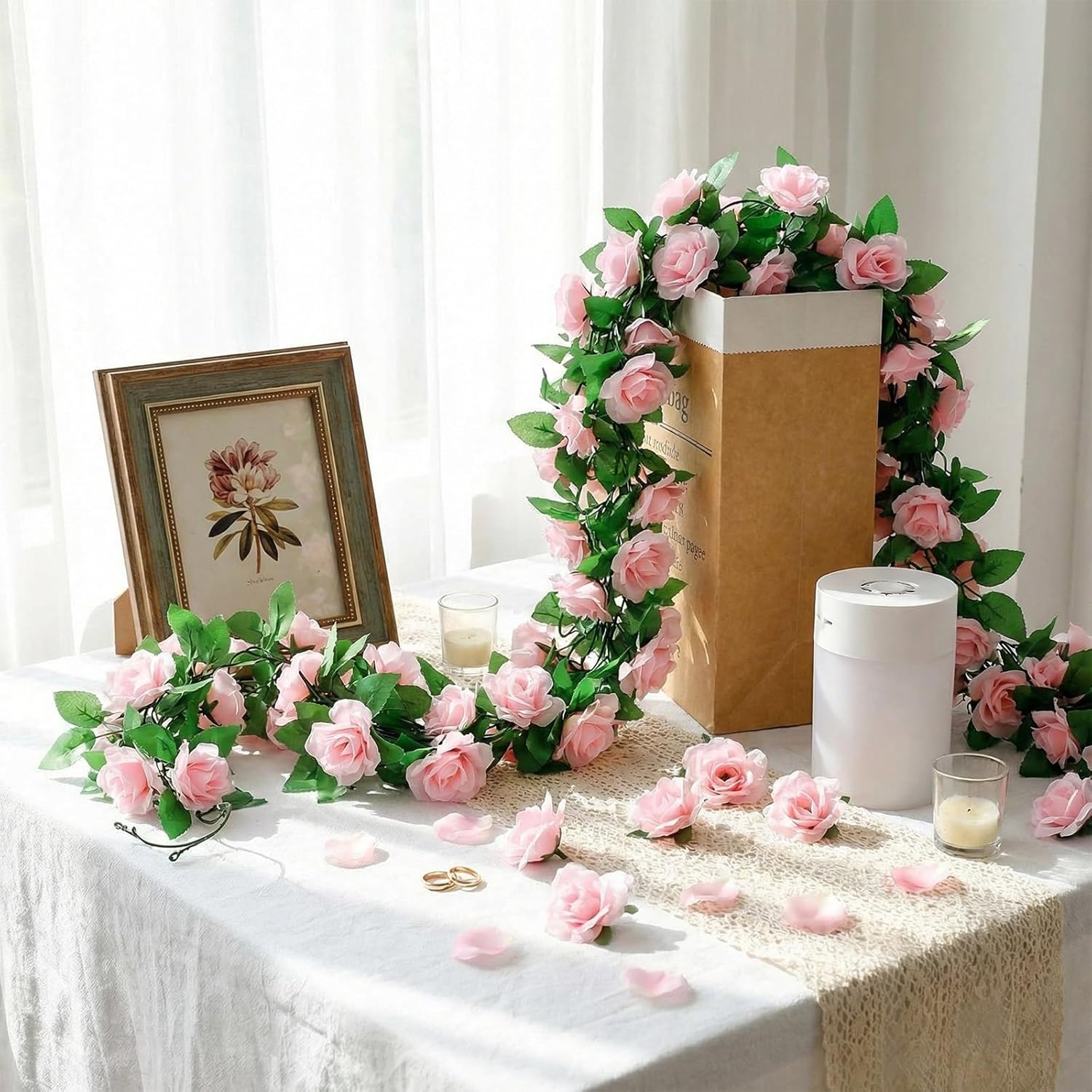 Suncalla 10 Pack 82ft Rose Garland Artificial Rose Flowers Vine with Green Leaves Hanging Fake Floral Garland Vine for Wedding Birthday Wall Garden Table Centerpiece Room Arch Decor(Pink Color)