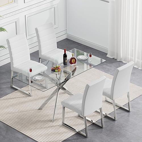 Miniatura 4 de Pvillez Mesa de comedor de cristal de 51 pulgadas para 4, mesa de comedor moderna de vidrio templado con patas de metal plateado, mesa de comedor