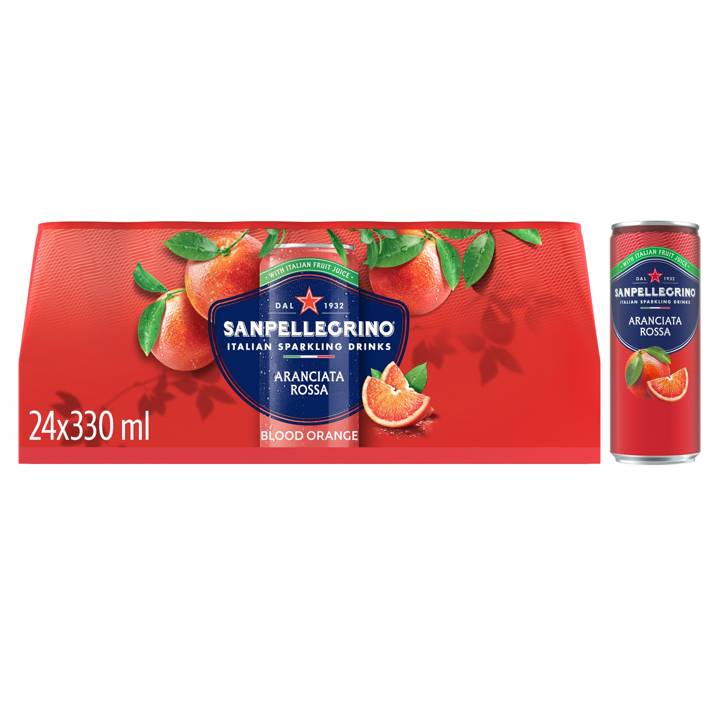 San Pellegrino Aranciata Rossa Sun-Ripened Orange and Blood Orange Beverage Italian Sparkling Drink, 11.16 fl oz ℮ 330 ml, 24 Pack