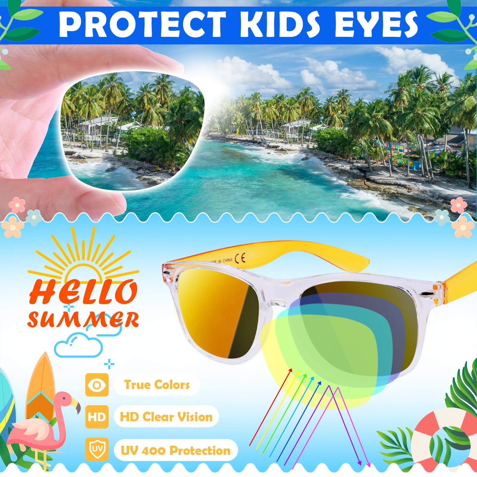 Paquete de 24 lentes de sol para niños, recuerdos de fiesta, lentes de sol translúcidos neón con protección UV a granel para niños y adultos, perfectos para verano, piscina, playa, cumpleaños, fiesta