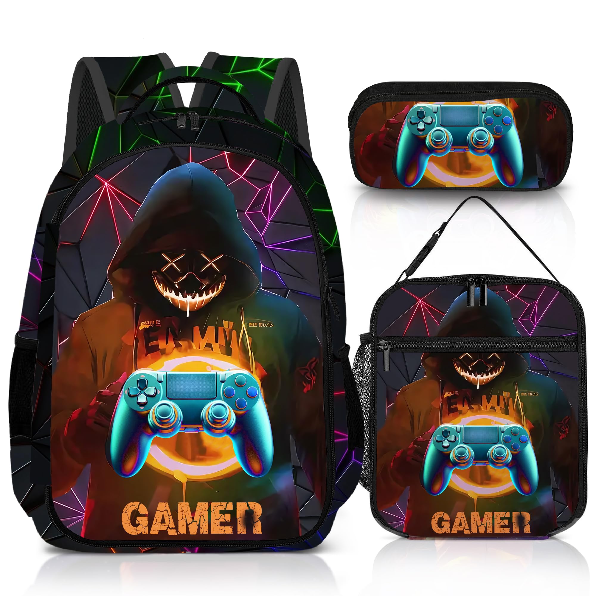 jvycjlu Game Backpack Set for Boys, Gaming Backpack 3 Pack, Boys Lunch Box, and Pencil Bag for Kids, 17"