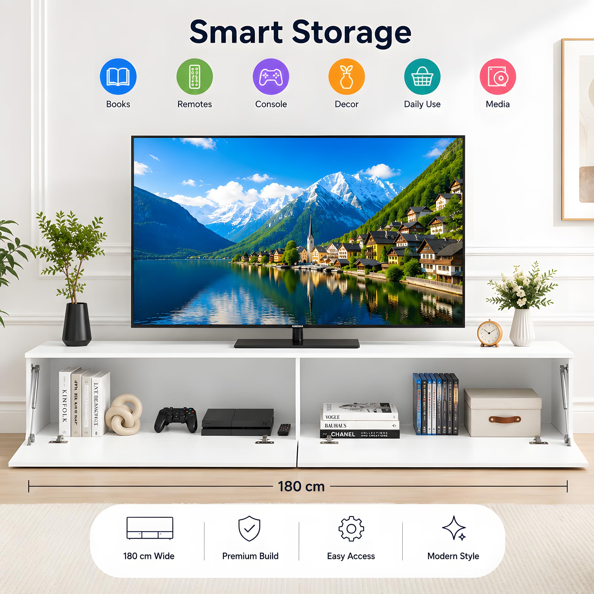 Mueble TV LED RGB 180 cm Blanco, suspendido o con Patas | Mueble TV LED RGB 180 cm con mando, 2 puertas abatibles, almacenaje cerrado y montaje en pared o con patas