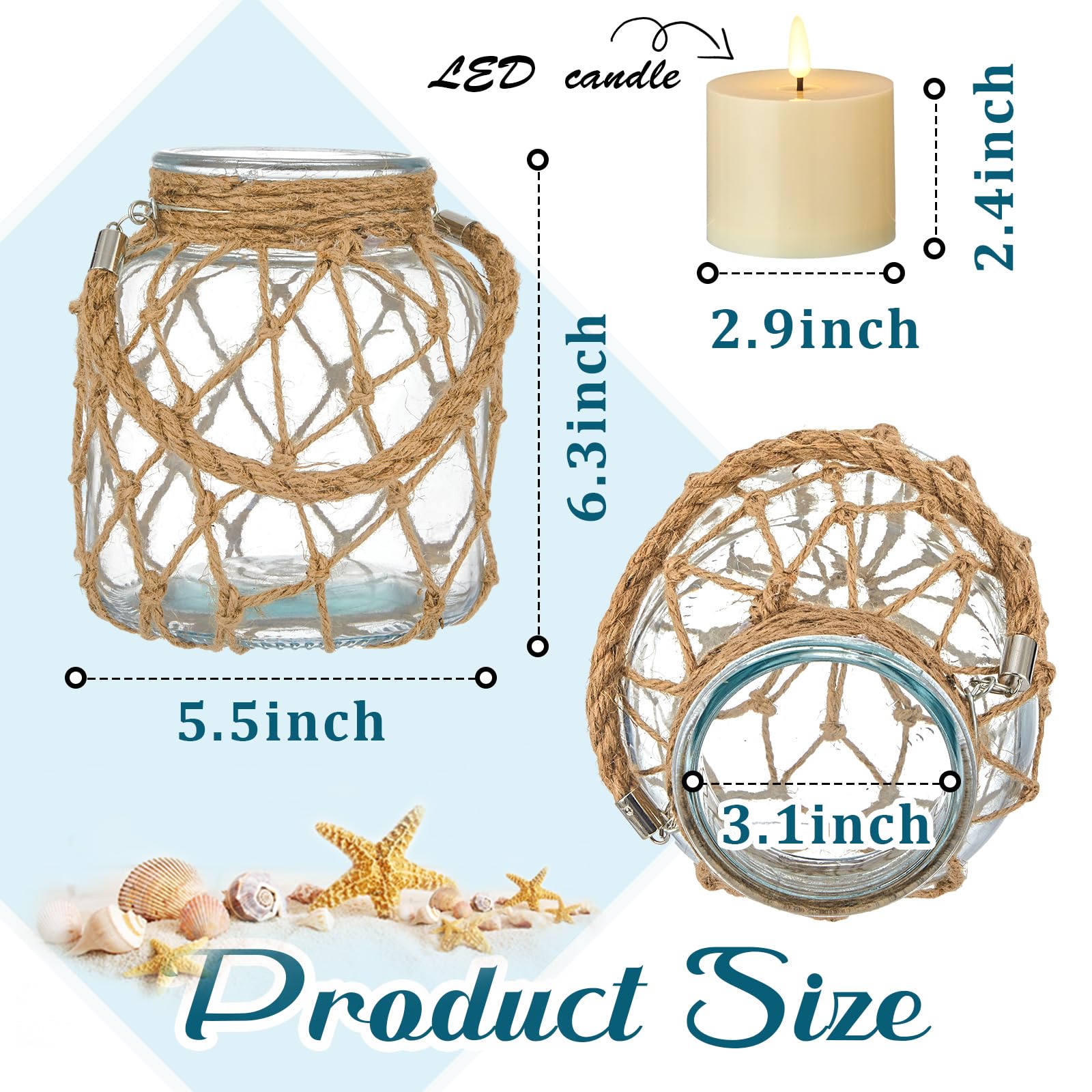 Blushtier 1 set di lanterne nautiche con manico in corda, barattolo di vetro costiero, funzionamento a batteria, lanterna LED senza fiamma, per mare, spiaggia, casa, tavolo, centrotavola, decorazione
