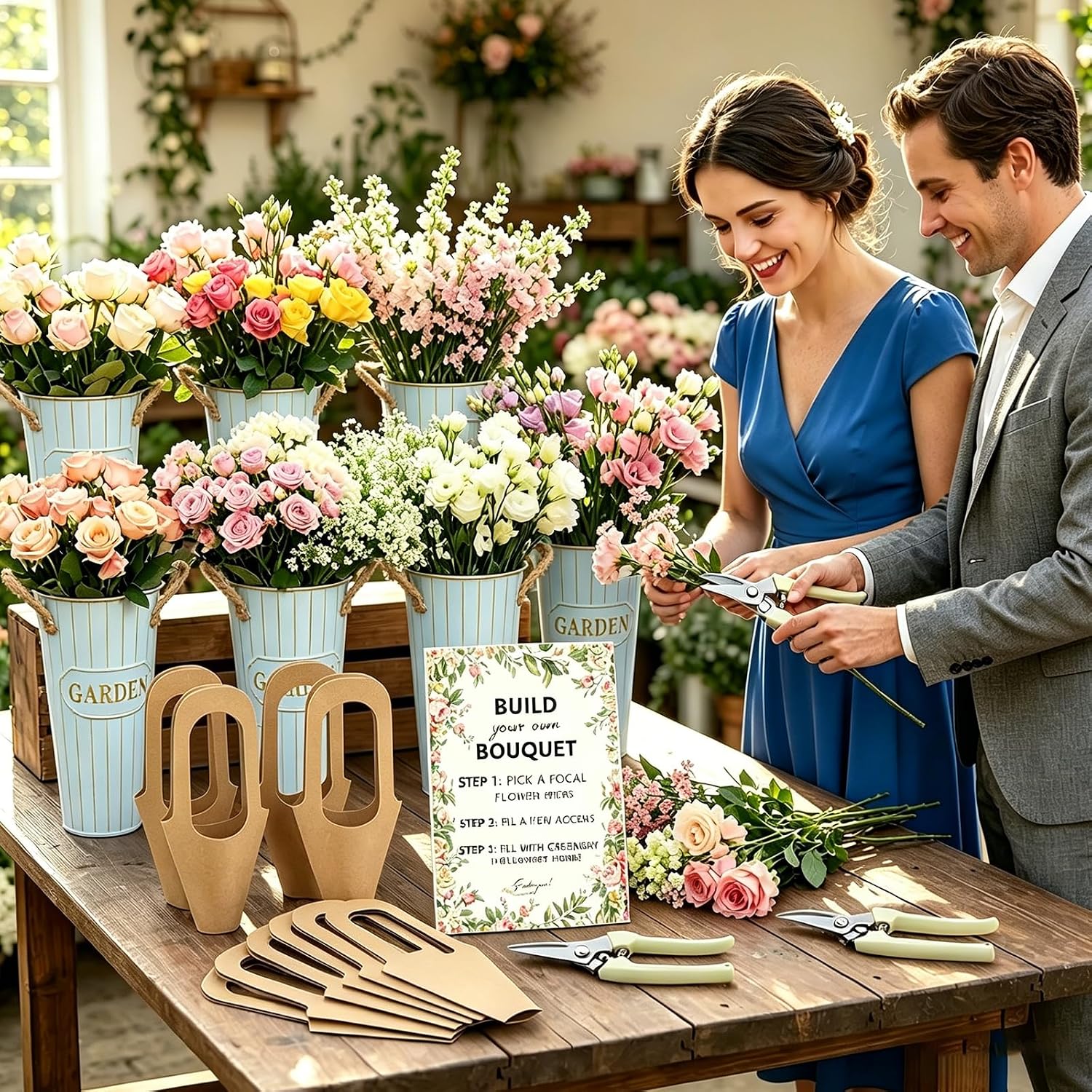JIANAERQ Complete Floral Bar Set with 30 Kraft Paper Bouquet Bags, 2 Floral Scissors, 6 Flower Tubes, 2 Rolls Ribbons & Paper Table Sign, Wedding Bridal Shower Party Floral Arrangement Supplies