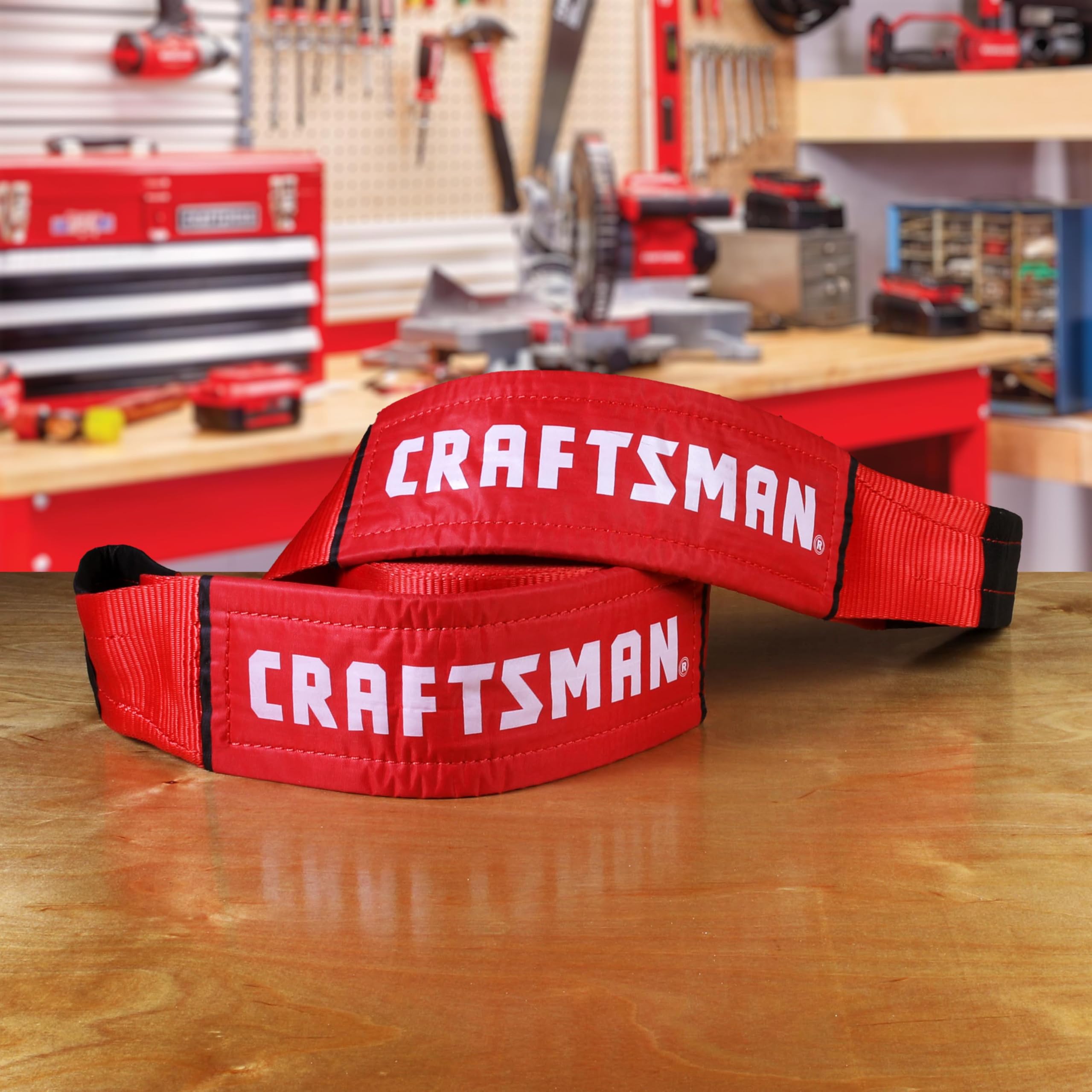 CRAFTSMAN CMXAZBS2003 - Cinghia di traino resistente per recupero, con estremità ad anello, carico sicuro da 3 kg, resistenza alla rottura, 9 kg, colore: Nero/Rosso