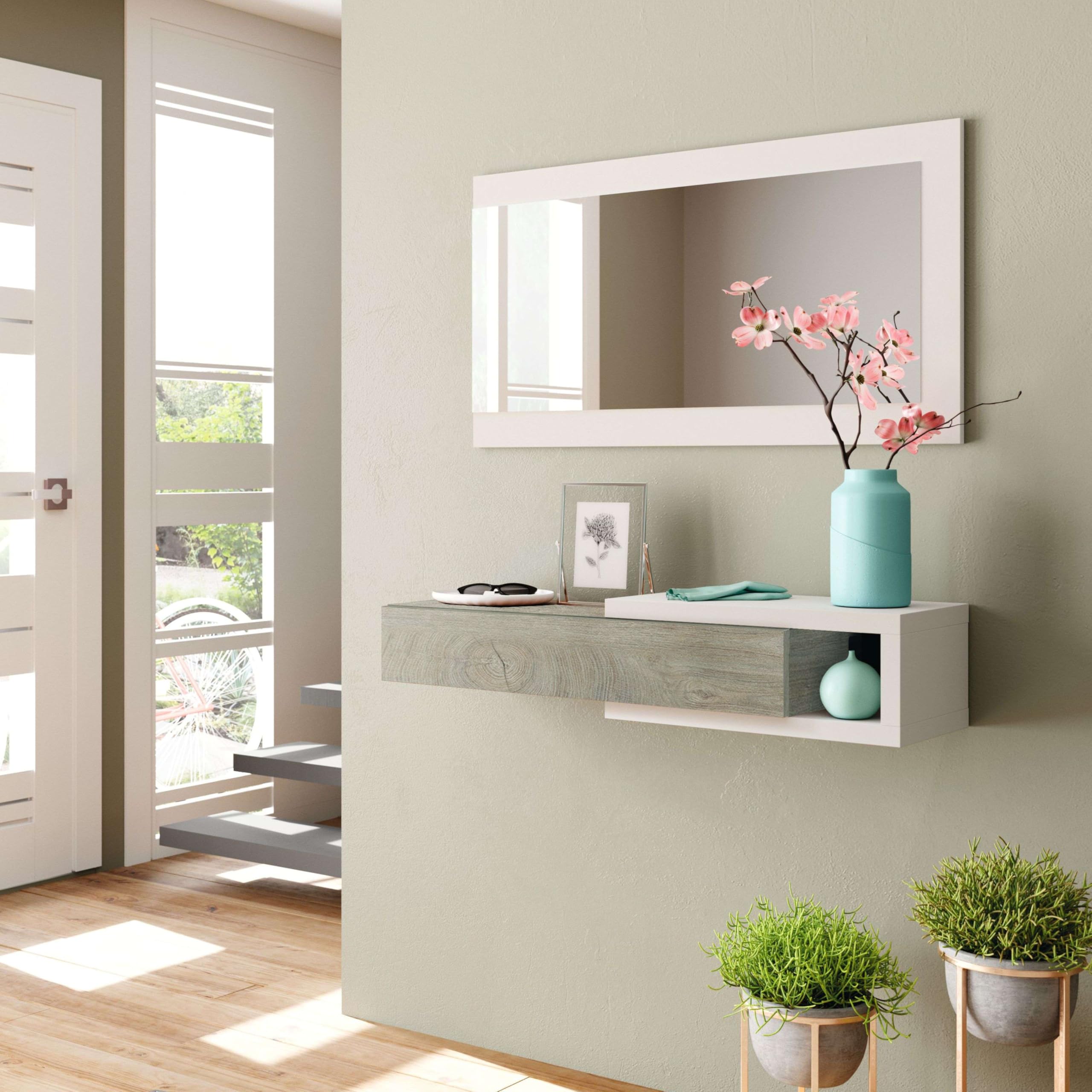 Habitdesign Recibidor con Cajon y Espejo, Mueble de Entrada, Modelo Noon, Acabado en Blanco Artik y Roble Alaska, Medidas: 95 cm (Ancho) x 19 cm (Alto) x 26 cm (Fondo)