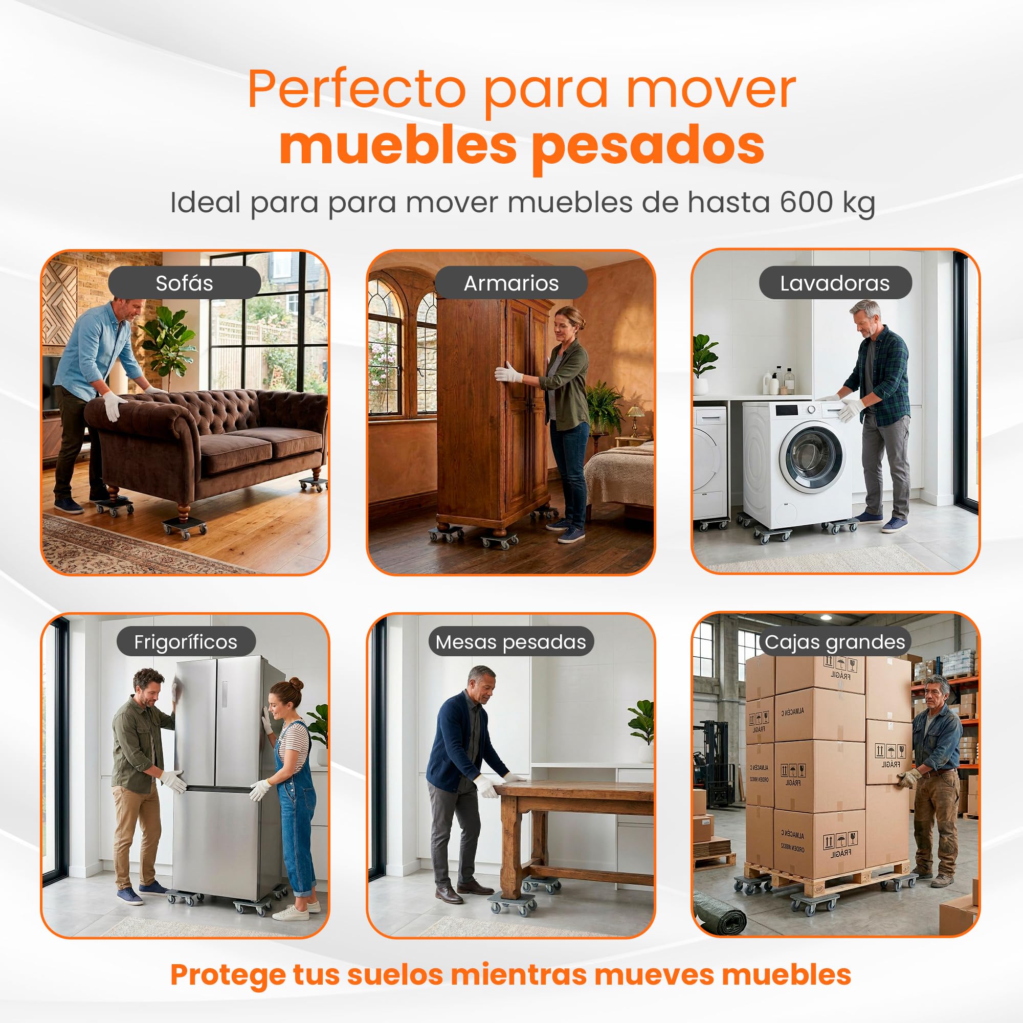 Ruedas para Mover Muebles Pesados 600kg - Elevador Muebles con 5 Ruedas 360°, Acero Reforzado, Correas de Amarre, Palanca Extensible, Kit Profesional 22 Piezas
