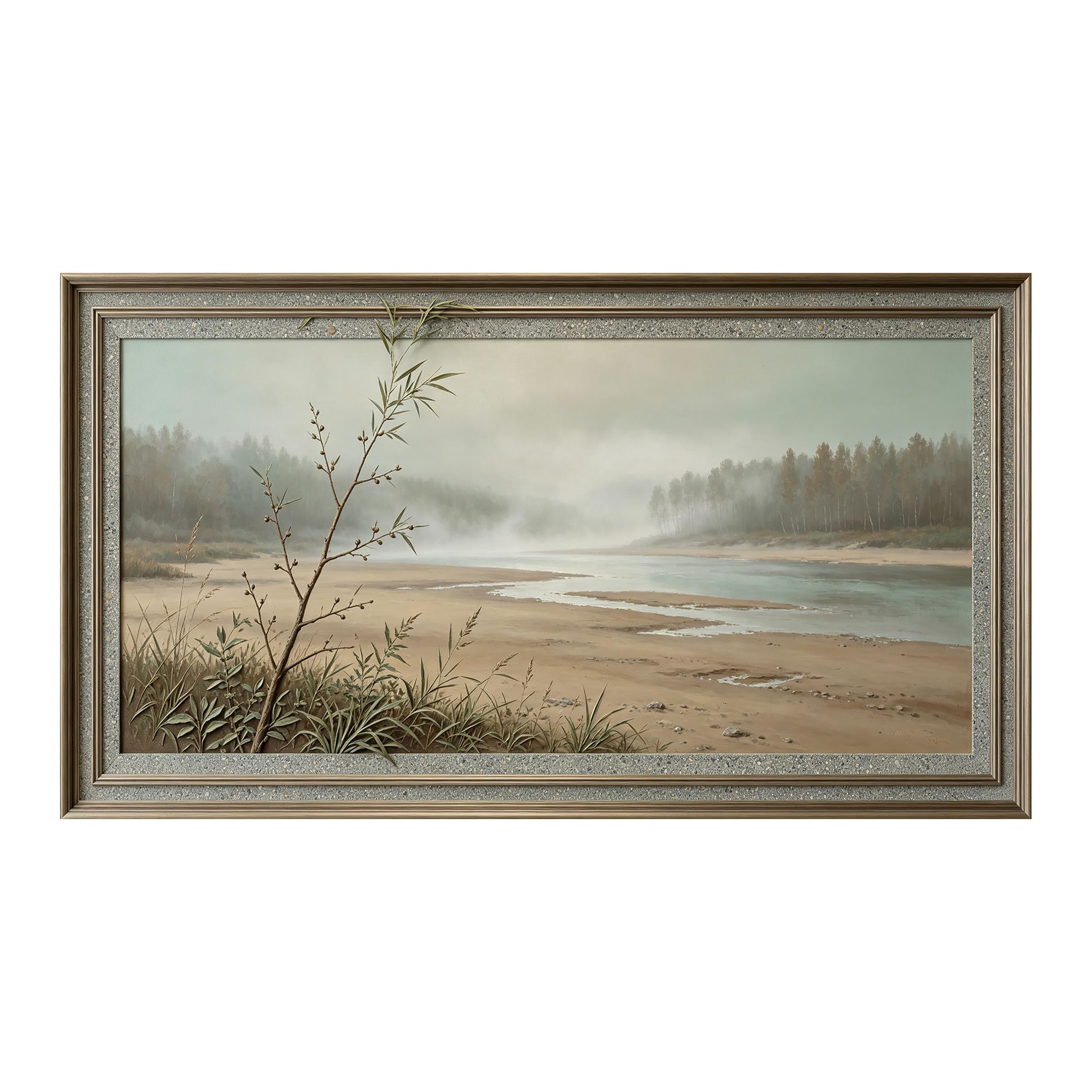 Yzpallescene 3D Framed Wall Art 50cm×100cm Misty River Landscape Oil Painting Panoramic View Large Size SelfAdhesive Removable Wall Decor Prints Artwork for Living Room Bedroom Office
