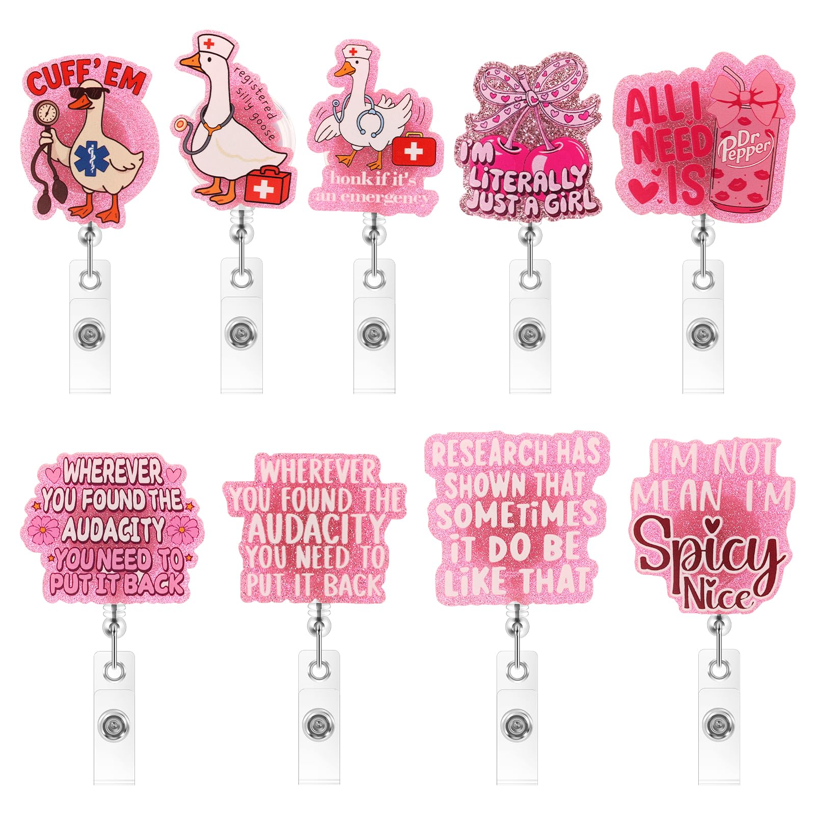 Shaojian Girls Pink 9Pcs Nurse Badge Reel Funny Retractable Badge Holder With Swivel Alligator Clip, Acrylic Id Card Holder For Nursing Student Medical Worker Teacher Doctor For Office School Hospital