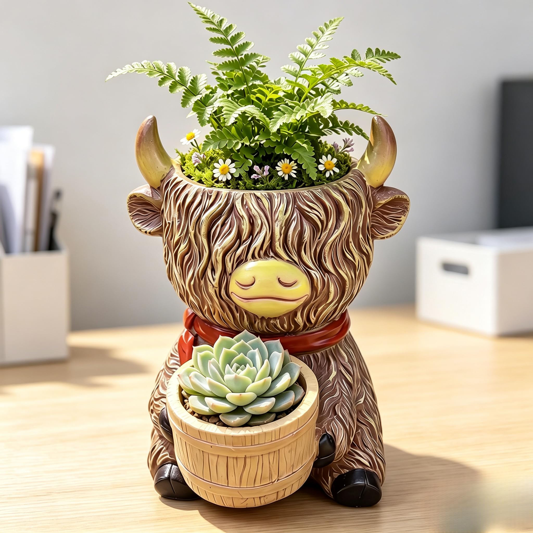 Highland Cow Plant Pots,Resin Succulent Garden Flower Pot with Drainage
