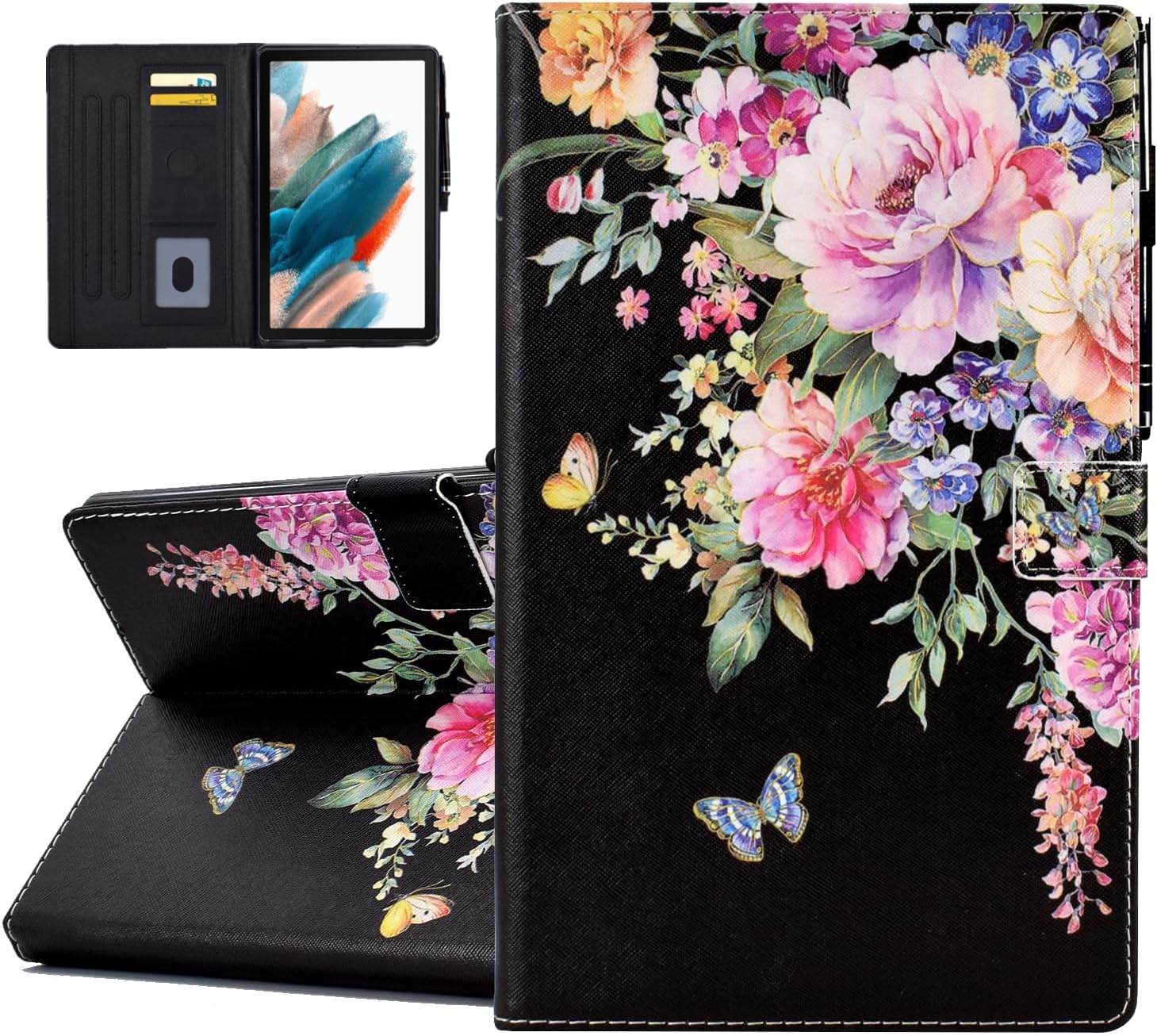 KEROM Case for Galaxy Tab A8 10.5 inch 2022 (Model: SM-X200/X205/X207), PU Leather Folio Stand Protective Cover with Auto Wake/Sleep, Card Slot, Pen Holder for Galaxy Tab A8 10.5 Case - Flowers