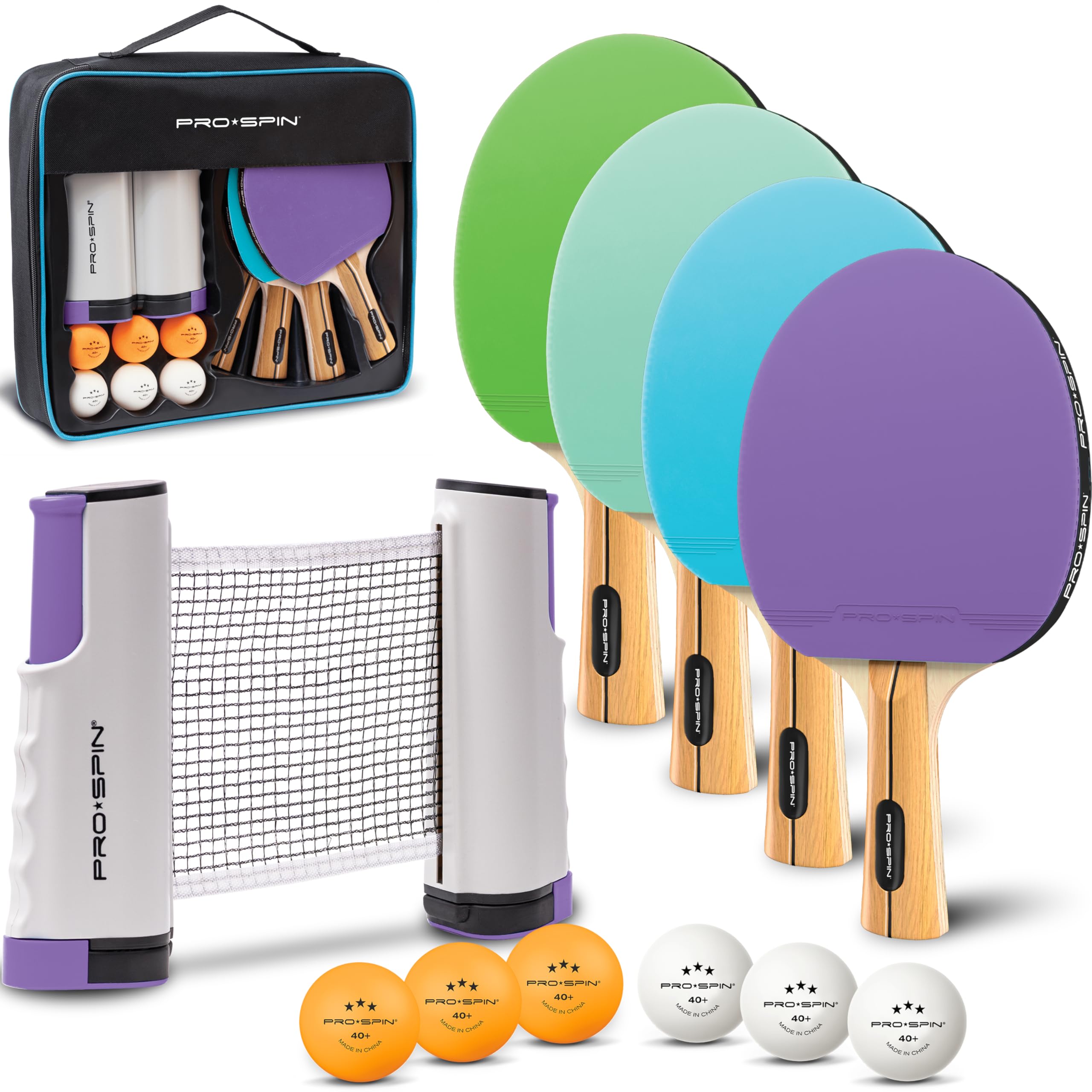 PRO-SPIN Portable Ping Pong Set with Retractable Ping Pong Net for Any Table, All-in-One Table Tennis Set with Ping Pong Paddles, Balls &amp; Case, Table Top Family Game