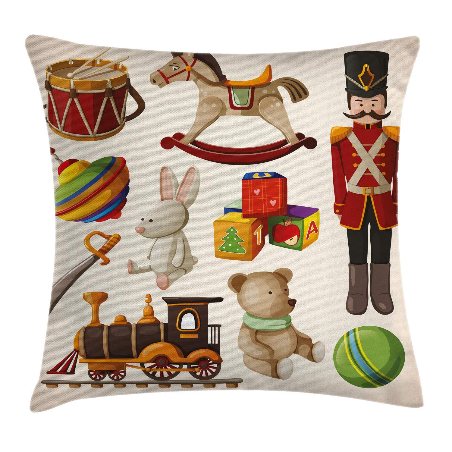 Lunarable Cartoon Throw Pillow Cushion Cover, Vintage Wooden Toys Design Rocking Horse Blocks Doll Drum Train Retro Illustration, Decorative Square Accent Pillow Case, 40