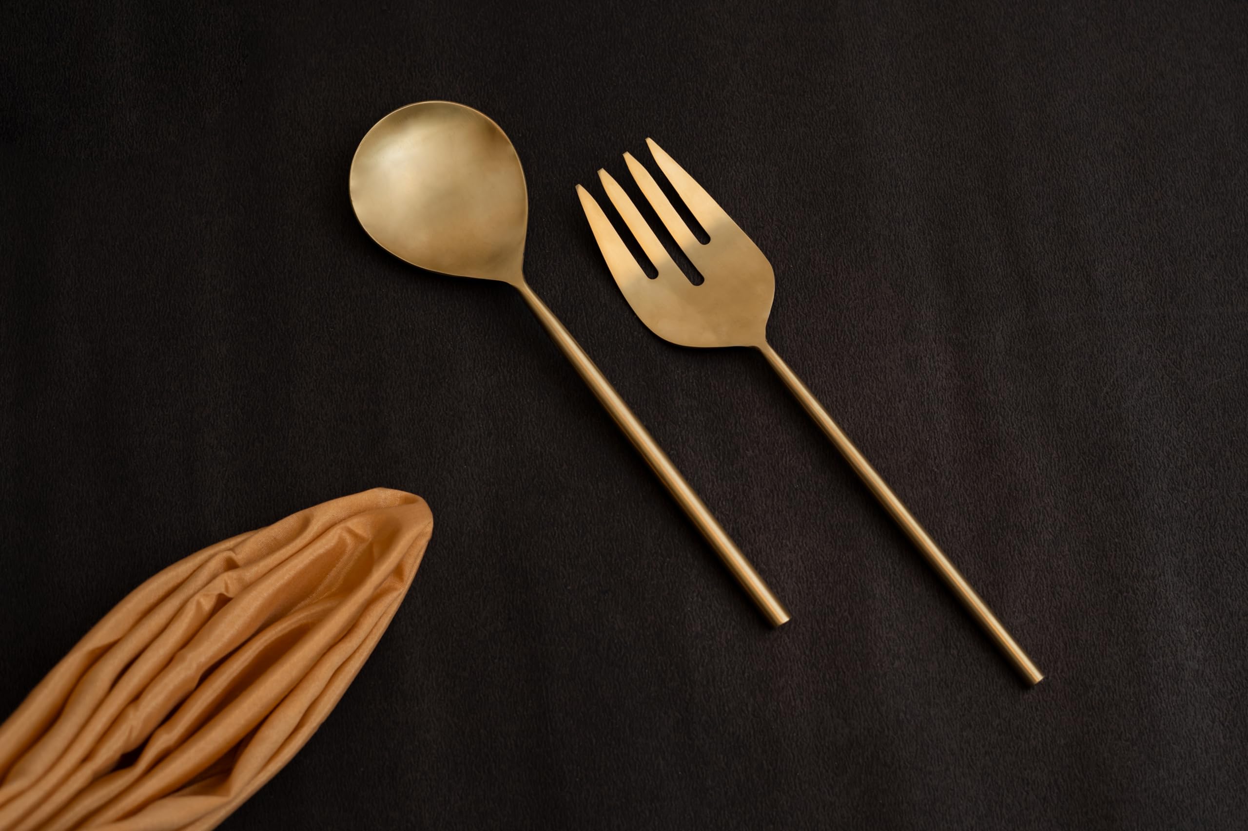 Bello Pack of 2 Salad Spoon and Fork Salad Server Set, Stainless Steel Salad Serving Set, 11 inch, Serving Spoon and Fork Set for Salad, Gravies, Fruits, Soup or Pasta (Gold Matte) 2