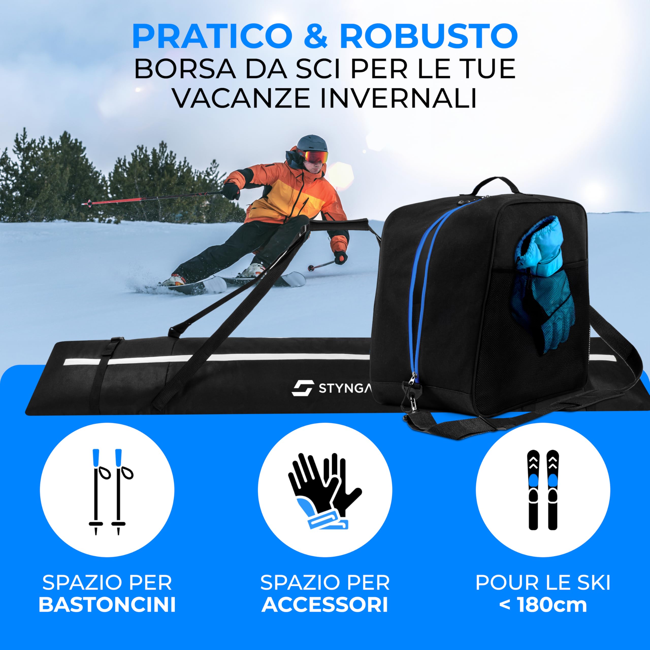 STYNGARD Set sacca sci e scarponi [a 180 cm] borsa porta sci e borsa porta scarponi [38 L] Modello Courchevel