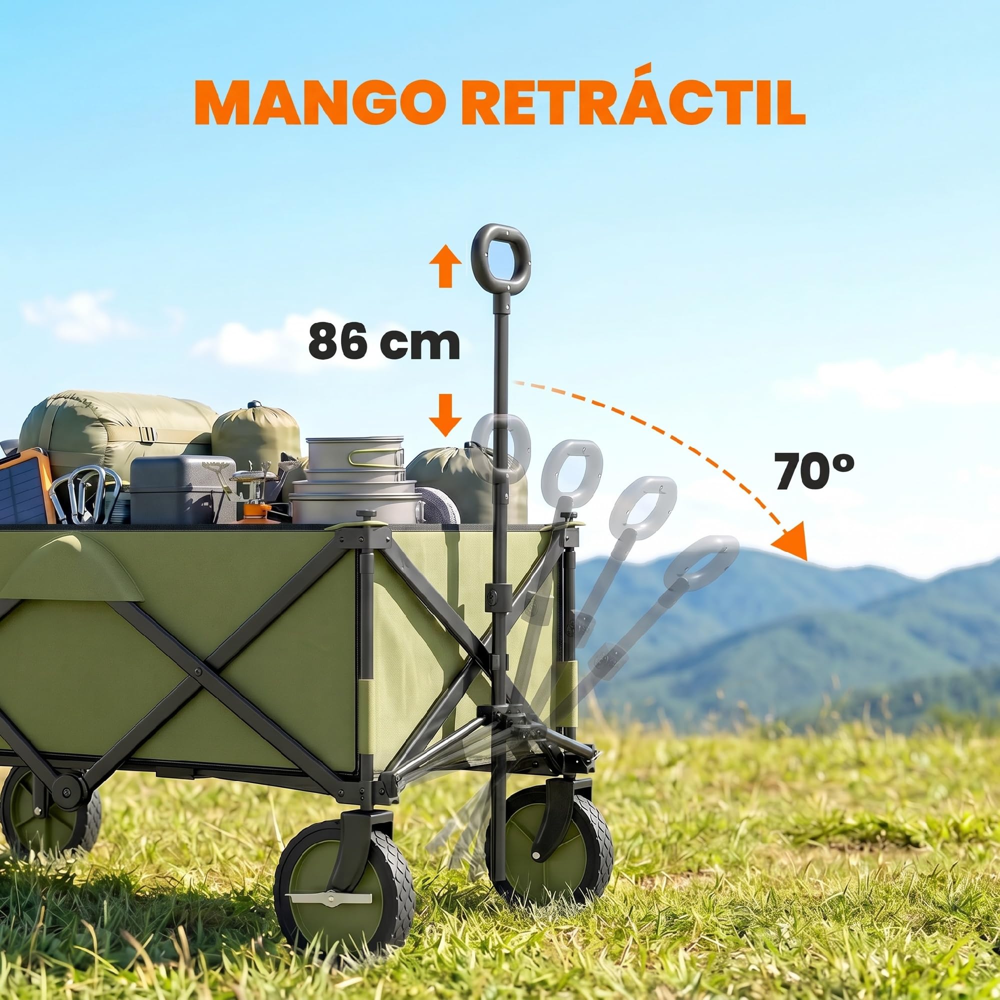 Outsunny Carro Plegable de Jardín con Ruedas Carro para Playa con Mango Telescópico Tablero Plegable 5 Bolsas Marco de Acero Carga 100 kg para Compra Patio 108x55x93 cm Verde