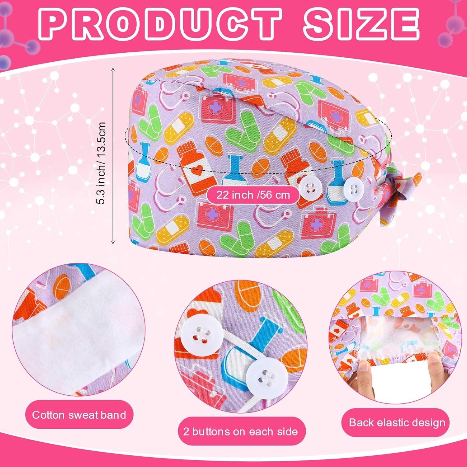 Unittype 4 Pcs Nurse Caps for Women Nursing Working Caps with Button and Sweatband Adjustable Elastic Scrub Hats for Dentist - Image 4