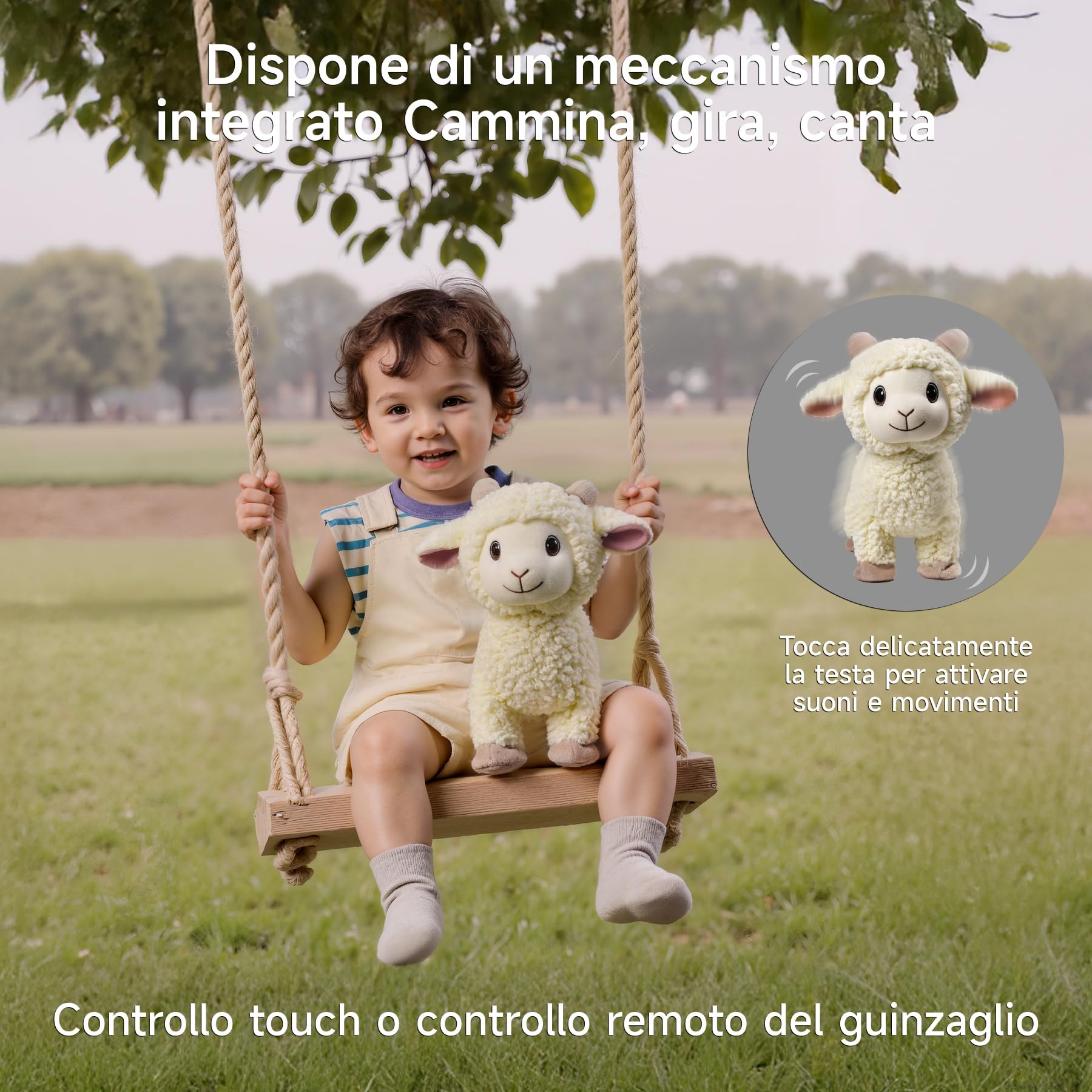 Pecora di Peluche che Cammina, Peluche Agnello con Telecomando Guinzaglio, Giocattolo di Peluche Elettronico Interattivo che Cammina, Canta, Bela e Scodinzola, Beee Realistico