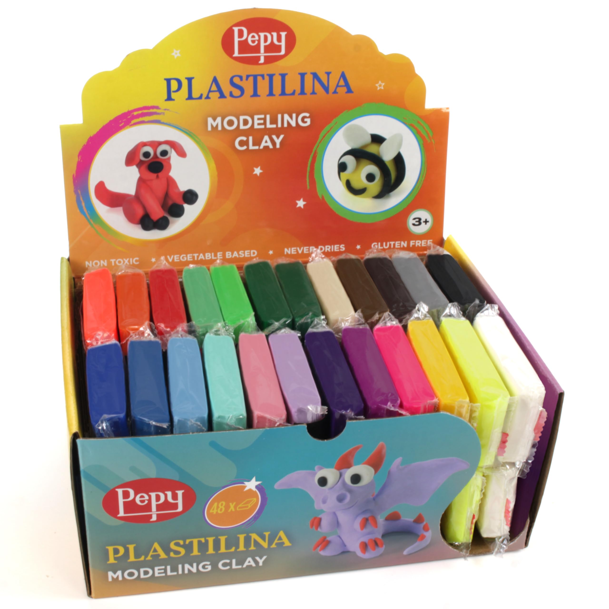 Pepy Plastilina Reusable and Non-Drying Modeling Clay Gift and Classroom Set; Set of 48 Bars, 1.4 Ounce Each, 2 Each of 24 Colors, Perfect for Arts