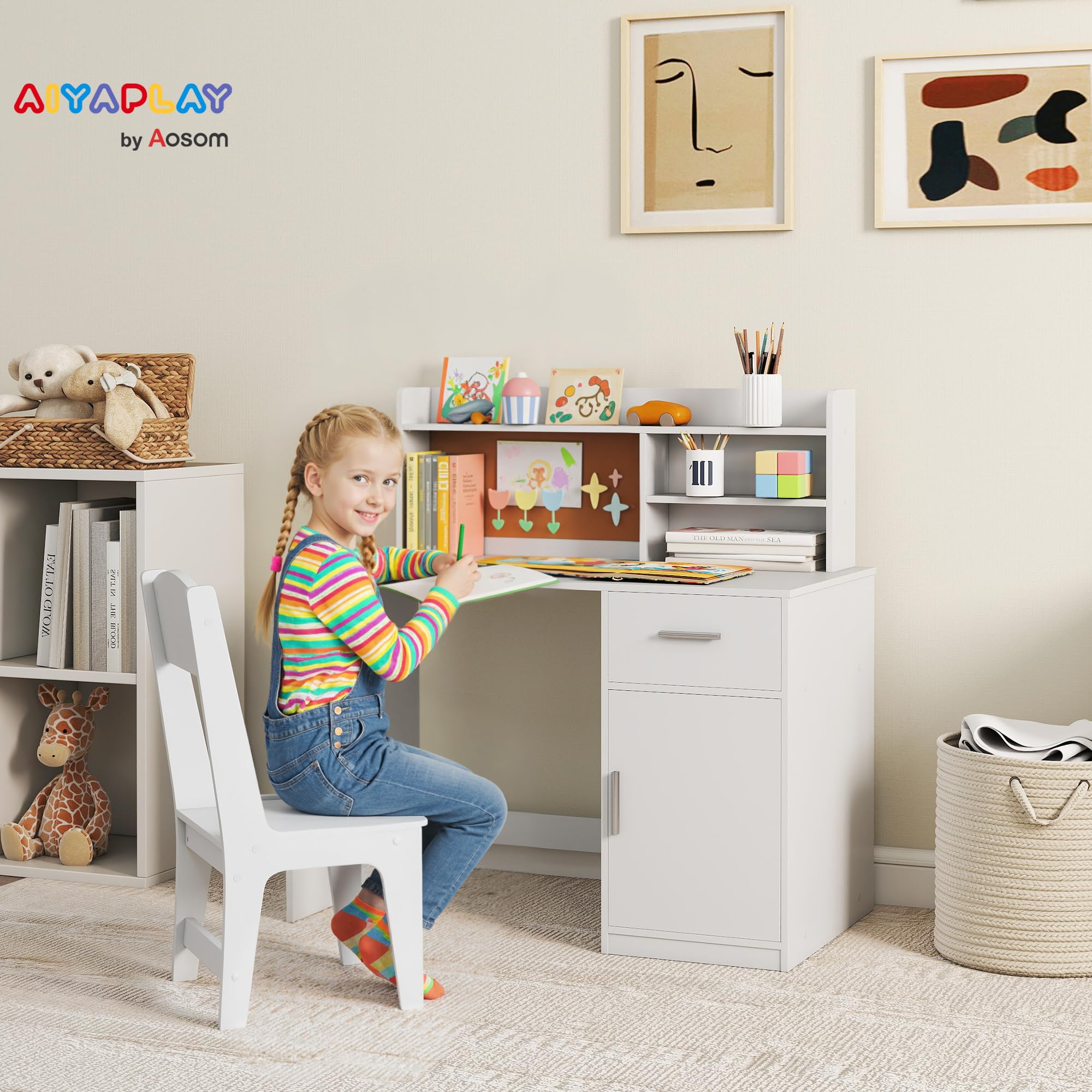 AIYAPLAY Bureau Enfant avec Chaise, Table Enfant et Chaise, 3-12 Ans, 90,2x48,1x90,8cm, Blanc