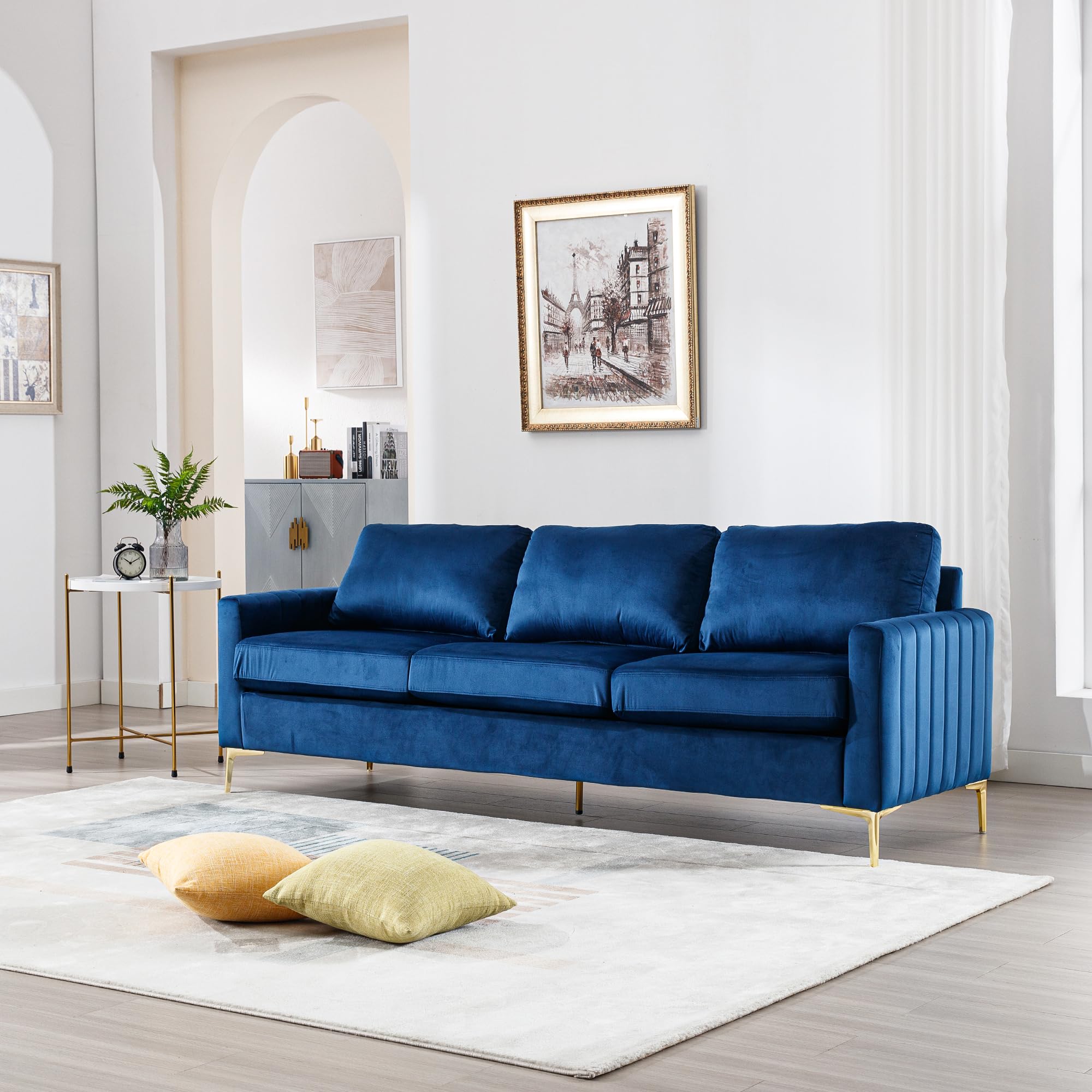 Deolme 85.5 inch Navy Blue Velvet Tufted 3 Seater Couch