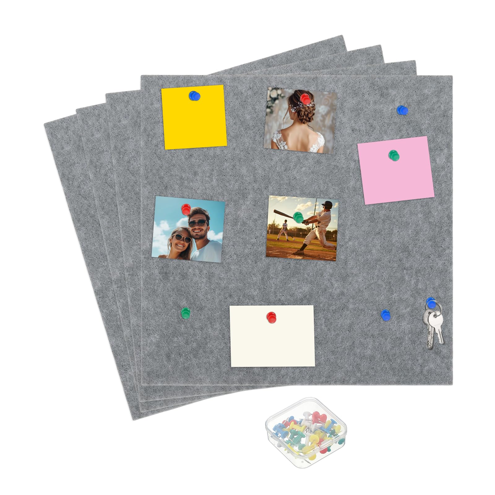 sourcing map 12" x 12" Large Cork Board Felt Board Tiles, 4 Pack Bulletin Board with 25 Push Pins 8 Adhesive Fastener, Self-Adhesive Corkboard Tiles for Home Office Photos, Light Gray