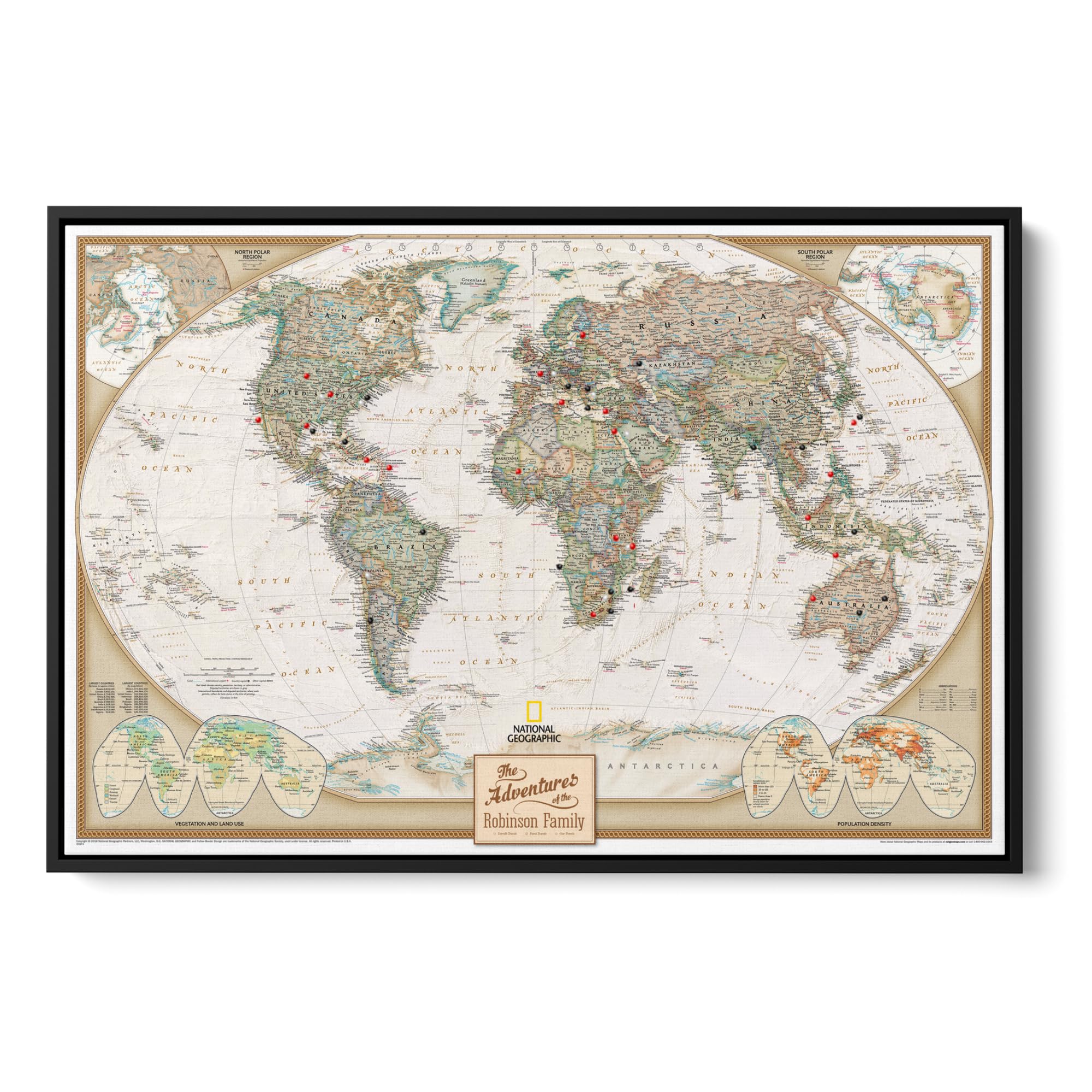 Executive World Push Pin Map – National Geographic Antique Style Canvas Travel Tracker – Framed Wall Decor – Black Float Frame – 24" x 36"