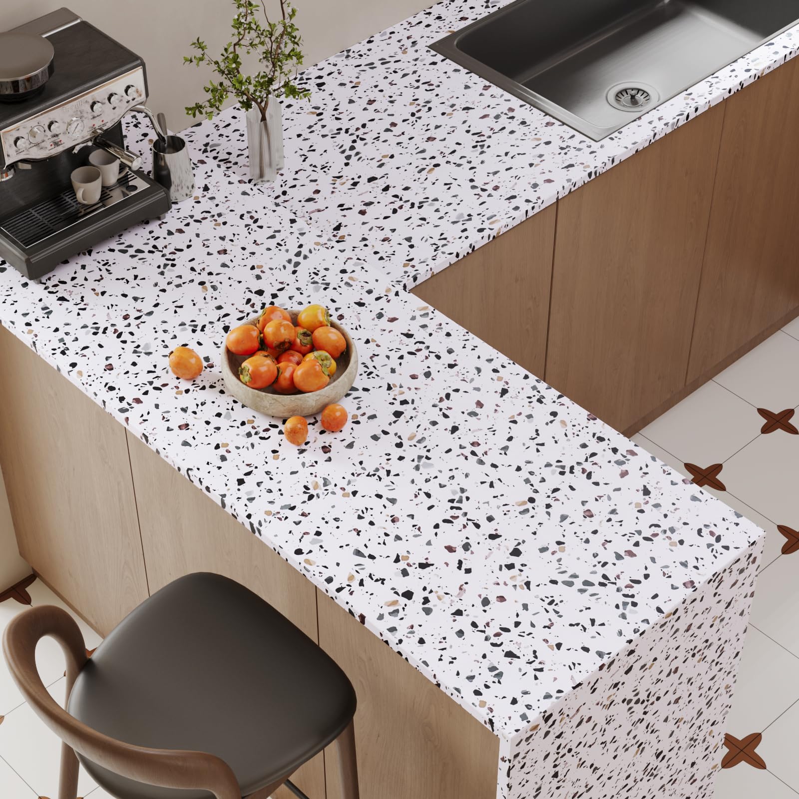 VaryPaper Matte White Blue Granite Self Adhesive Wallpaper 40cmx200cm Removable Terrazzo Contact Paper for Kitchen Worktop Sticky Back Plastic Bathroom Wallpaper Waterproof Window Sill Furniture Wrap