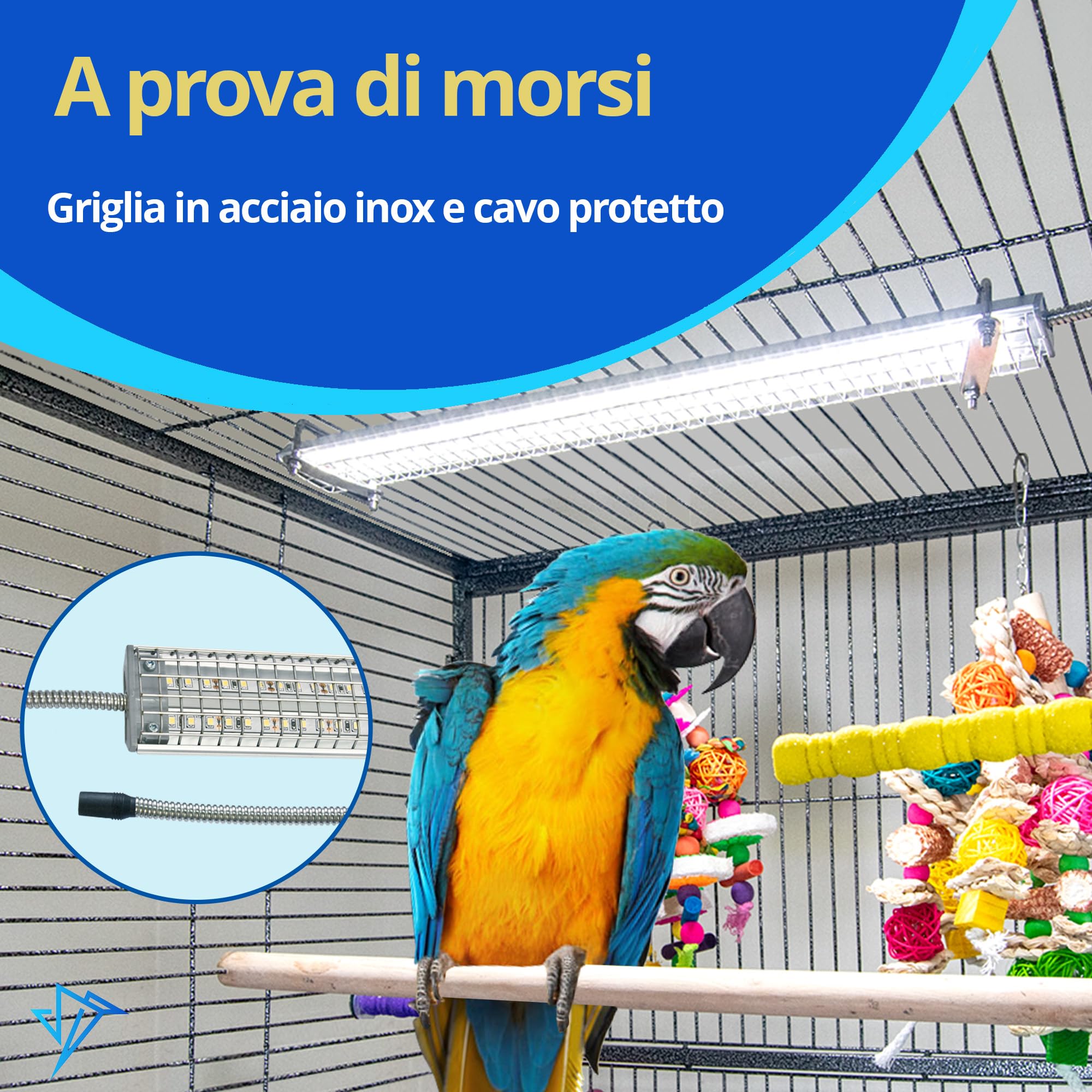 M&M Cage Company Luce per Gabbia HappyBird con Protezione Anti-Morso – LED a Spettro Completo – Illumina in Modo Naturale – Sicura per Pappagalli – Facile da Installare