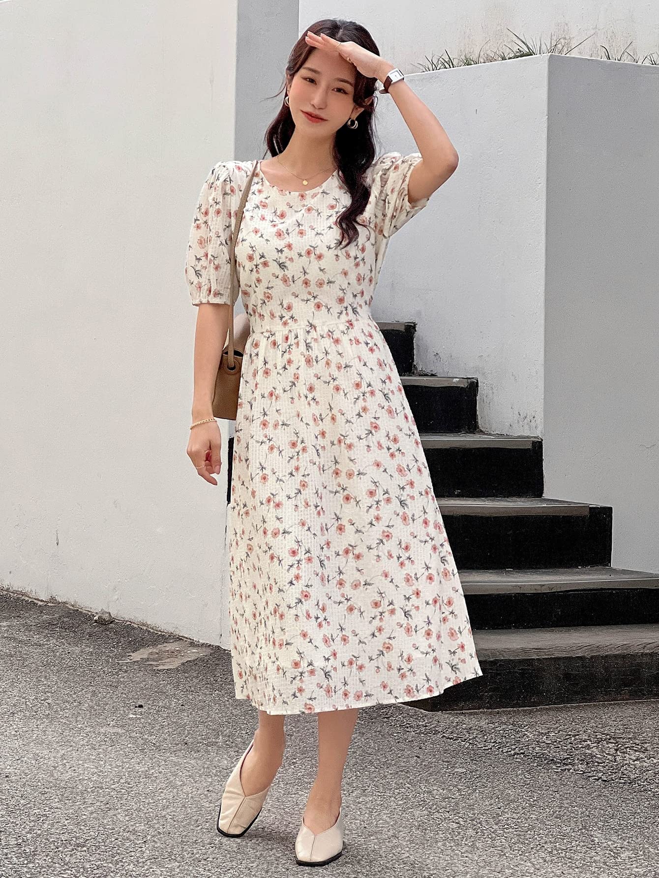 Amazon.com: Women's Dresses Ditsy Floral Print Puff Sleeve Tie Back Dress  Dress for Women (Color : Beige, Size : Large) : Clothing, Shoes & Jewelry