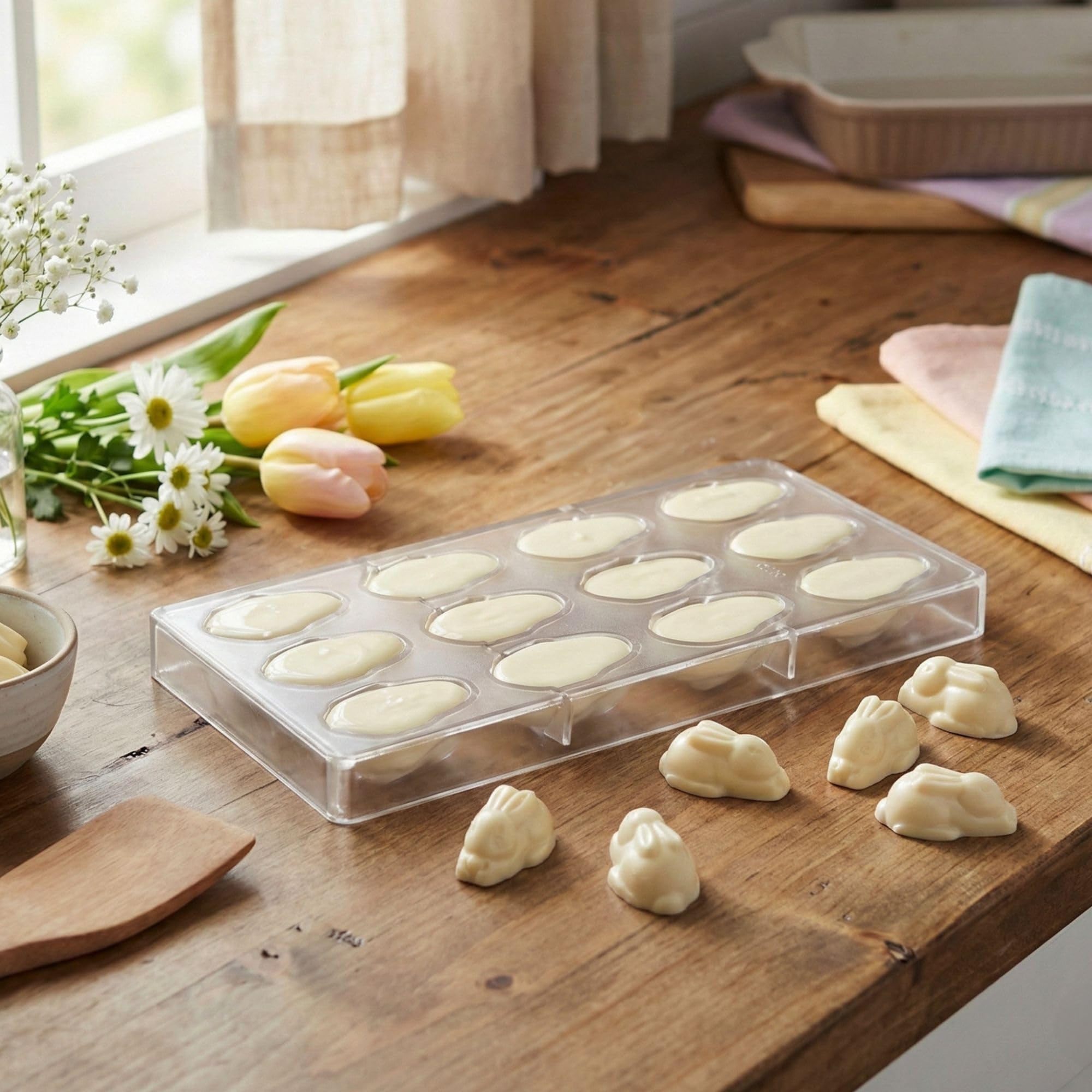 Restaurantware Pastry Tek Schokoladenformen, 27,7 x 13,5 cm, 10 gefrierbare Hasenförmige Süßigkeitenformen, 12 Mulden, spülmaschinenfest, transparent, Polycarbonat, Schokoladenformen, leicht zu lösen