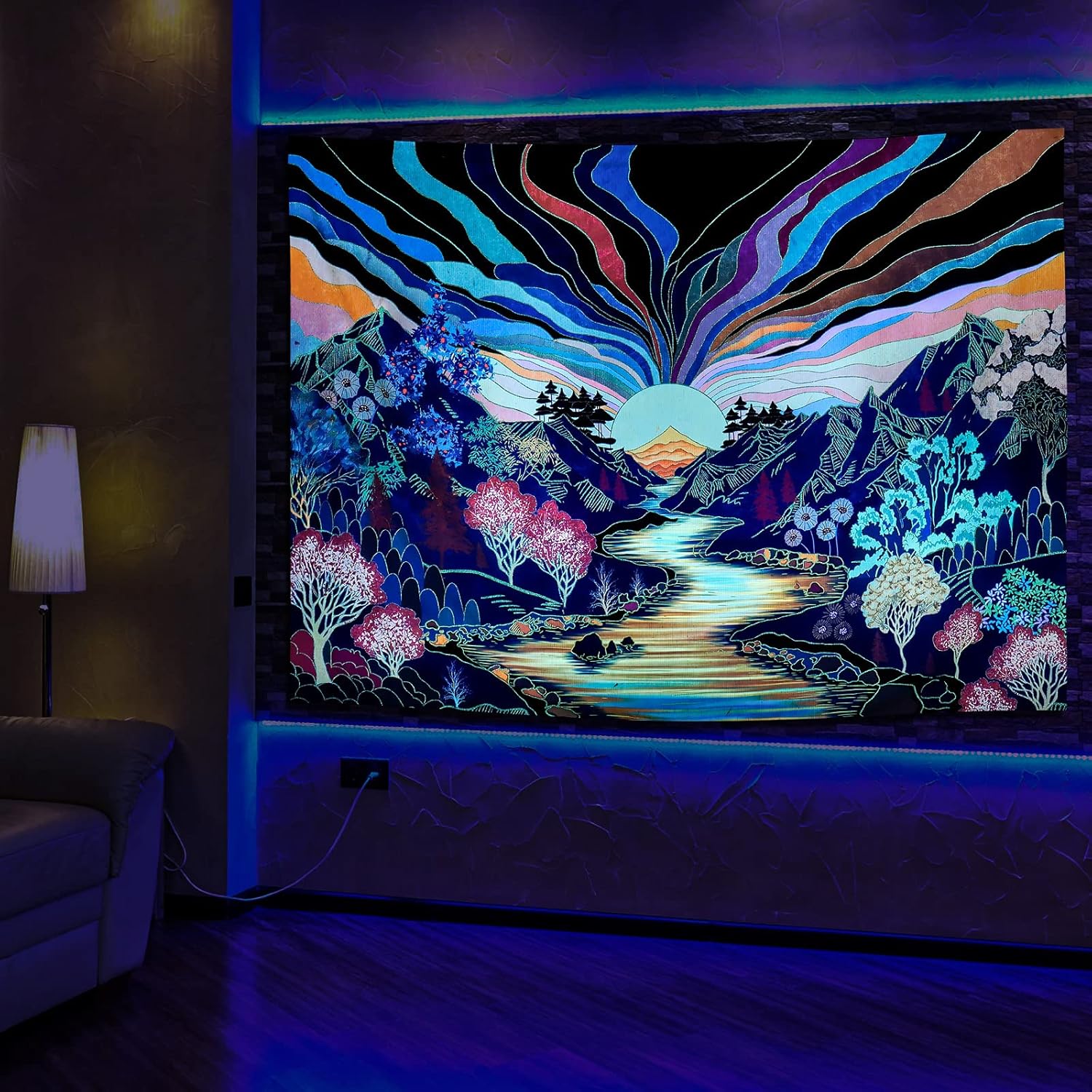 Dermijer Blacklight Forest Mountain Tapestry Sun Tapestry UV Reactive Retro Landscape Tapestries Black Light Watercolor Flower Trees Wall Art Tapestries Wall Hanging for Home Decor 92.5L x 70.8W