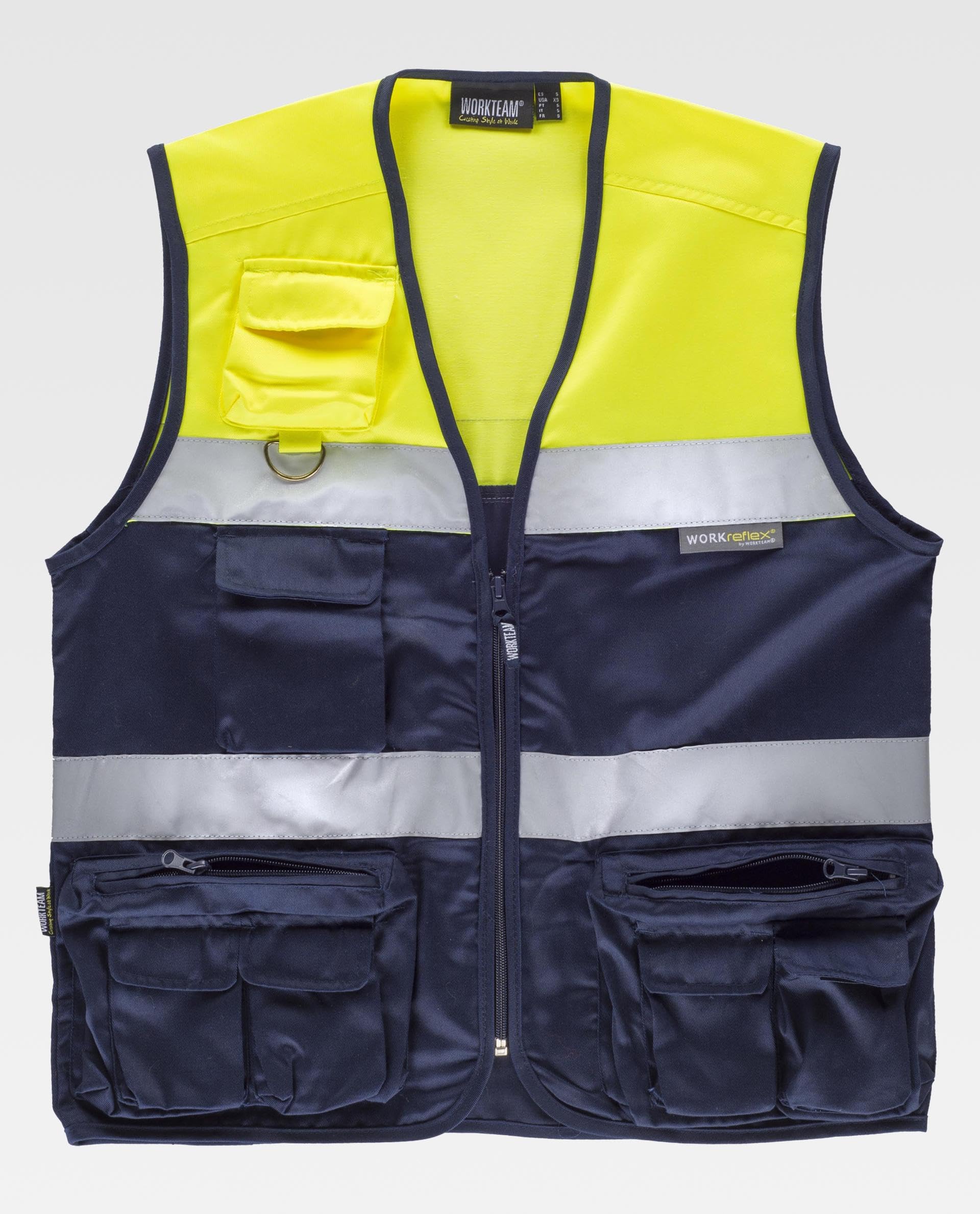 WORKTEAM Chaleco de Trabajo, Tipo Safari, Alta Visibilidad con 2 Cintas Reflectantes, Multibolsillos. Unisex